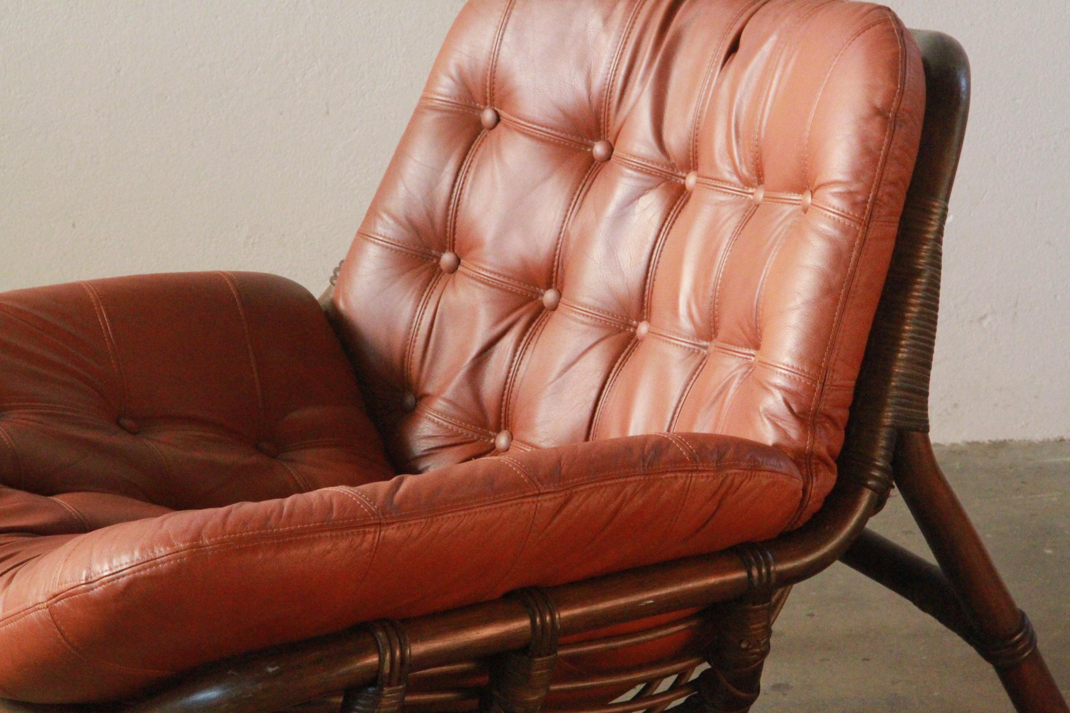 Bamboo & Leather Lounge Chairs, Denmark, 1970s In Good Condition In Store Heddinge, DK