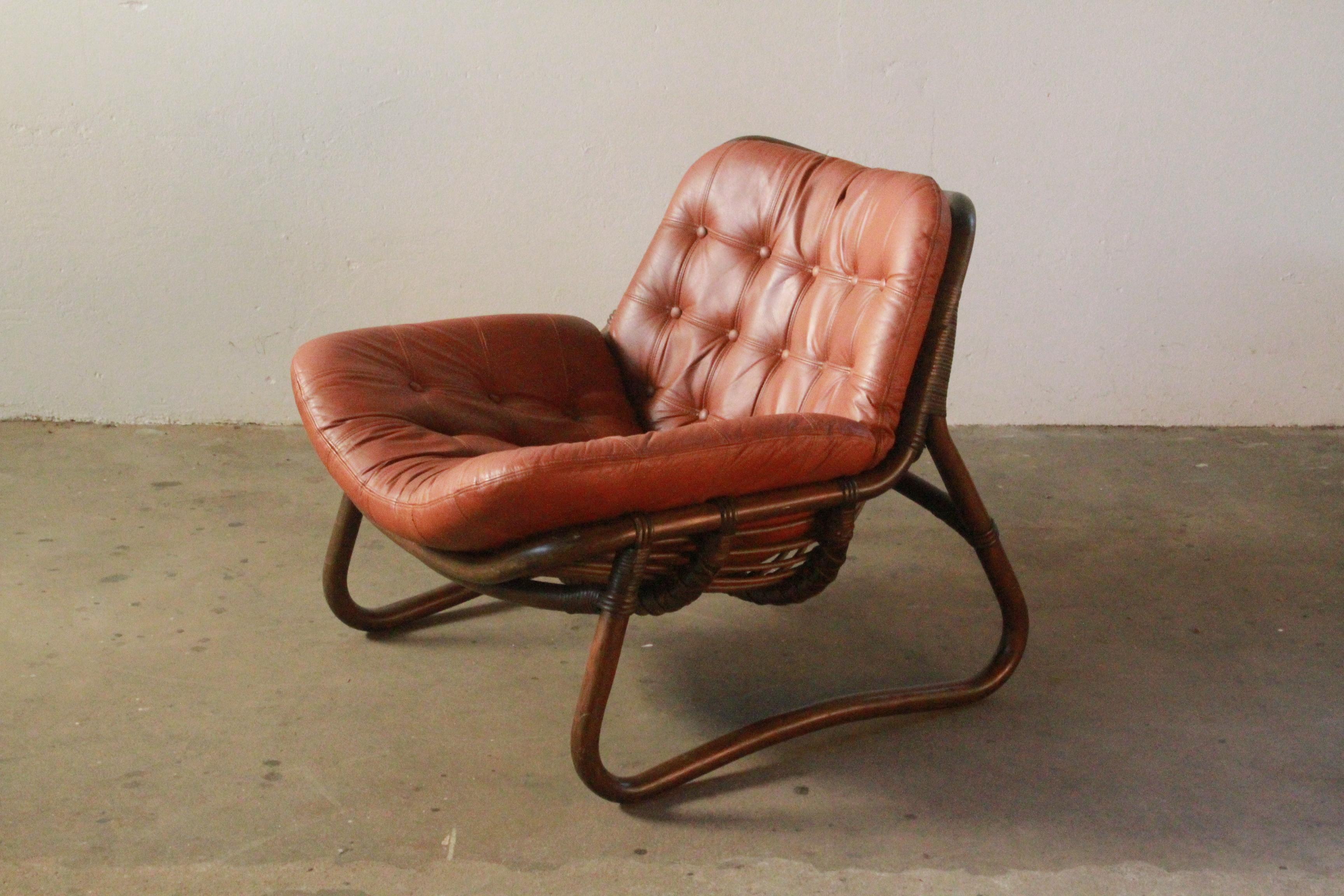 Late 20th Century Bamboo & Leather Lounge Chairs, Denmark, 1970s
