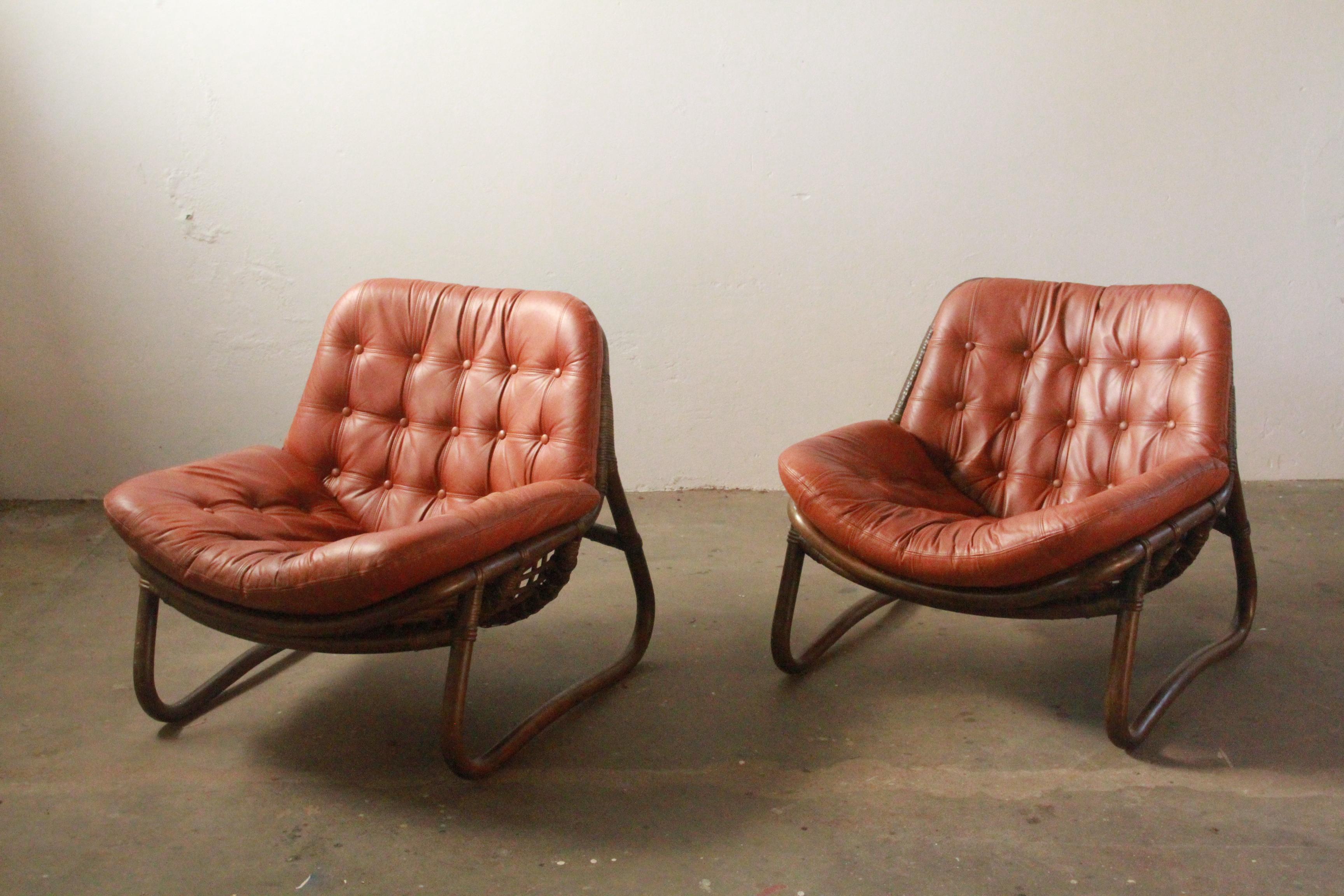 Bamboo & Leather Lounge Chairs, Denmark, 1970s 1