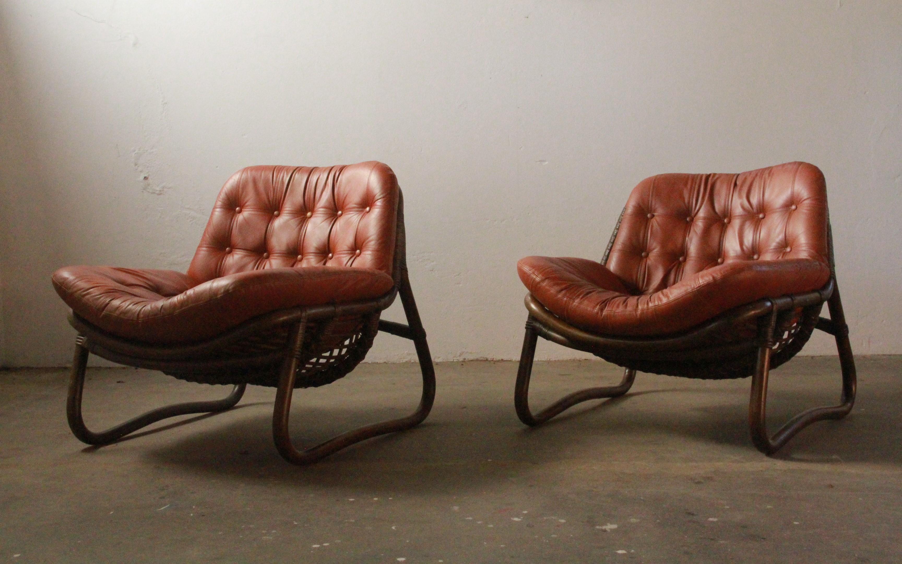 Bamboo & Leather Lounge Chairs, Denmark, 1970s 2