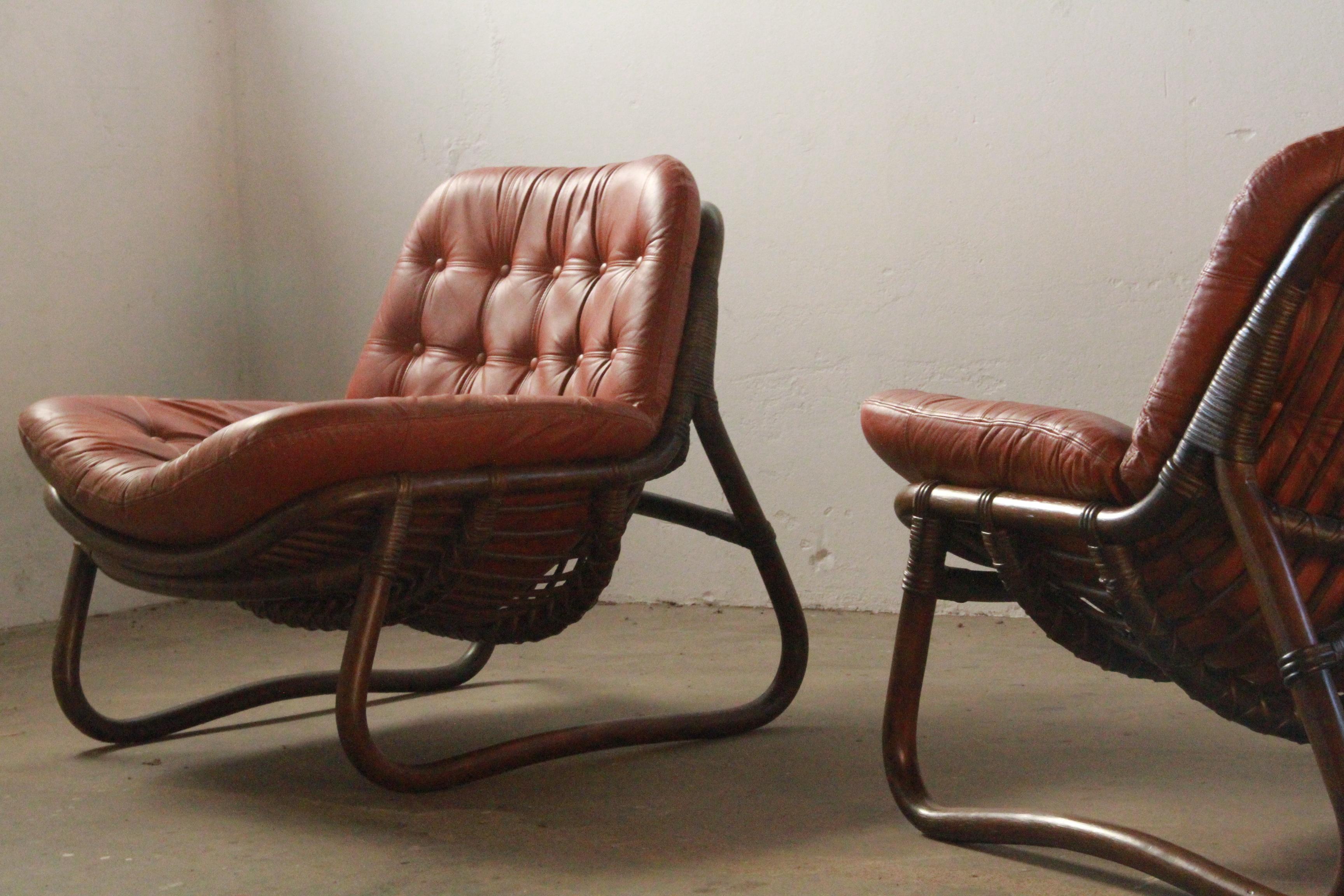 Bamboo & Leather Lounge Chairs, Denmark, 1970s 3