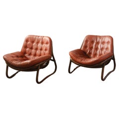 Bamboo & Leather Lounge Chairs, Denmark, 1970s