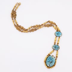 Bambus-Gliederkette mit kunstvoll geschnitztem Türkis von Goldette, 1970er Jahre