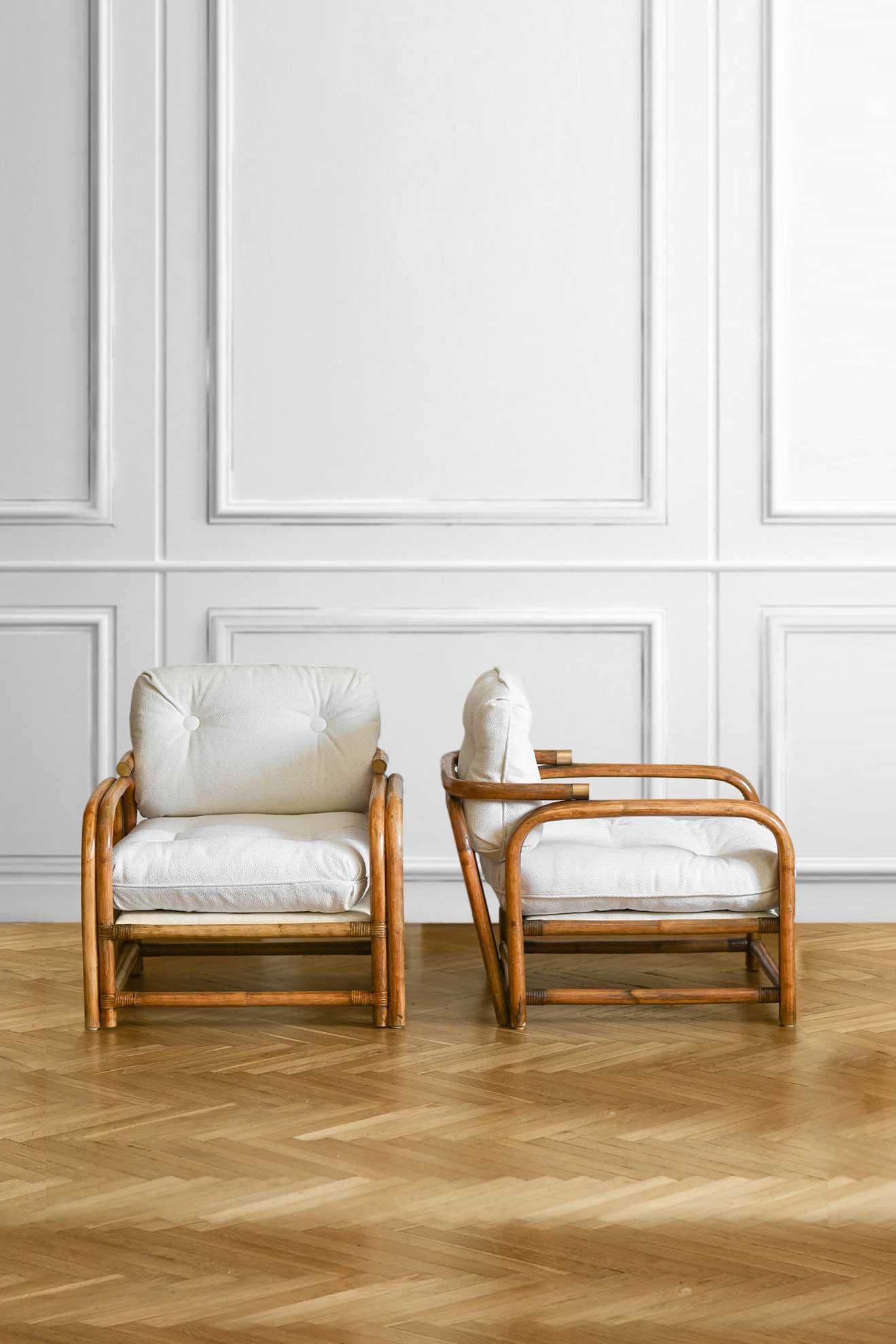 Bamboo living room set with 2 armchair and a coffee table with glass top, 1980 at 1stDibs