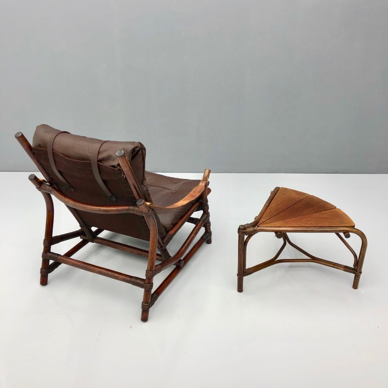 Leather Bamboo Lounge Chair with a Table, 1960s For Sale 8