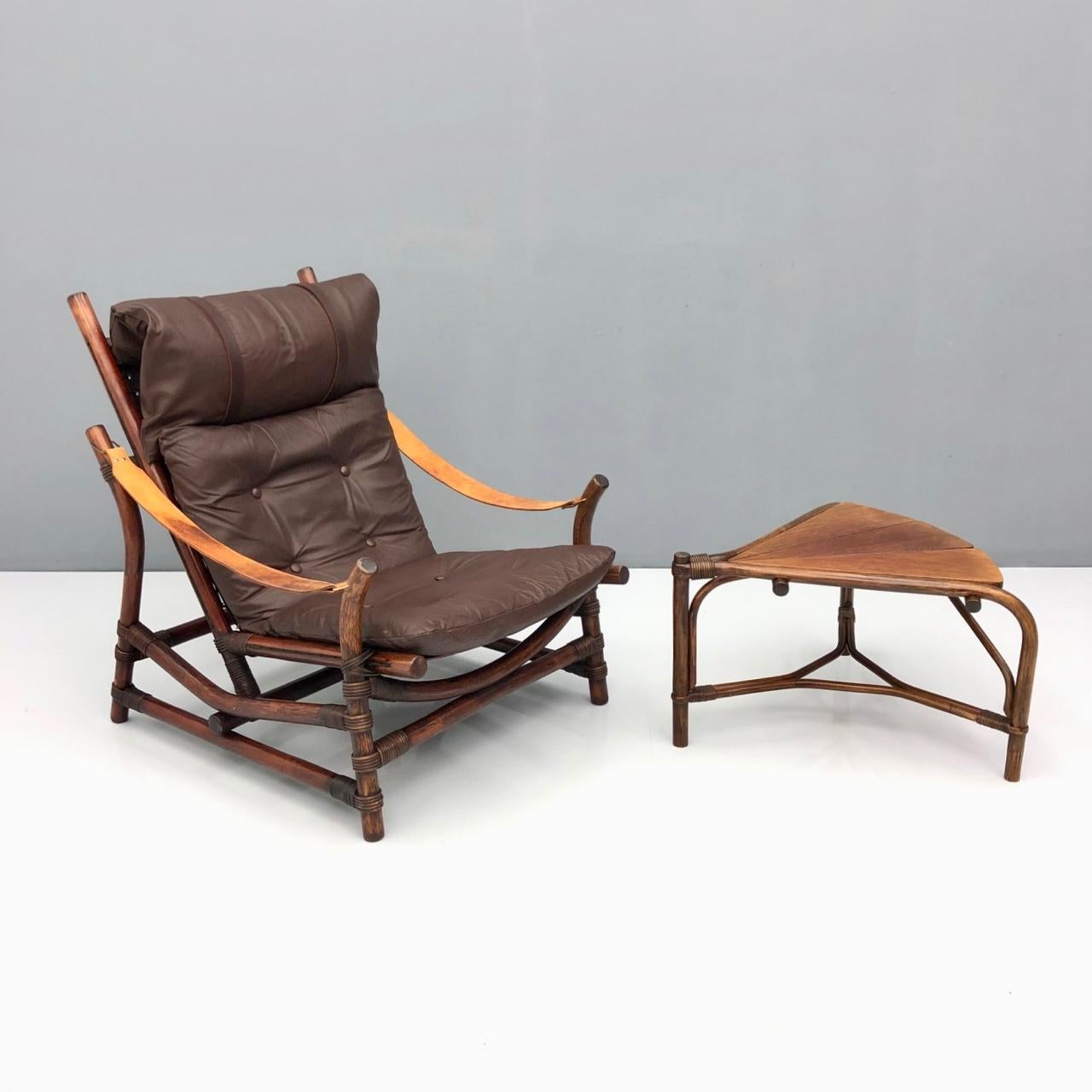 Leather Bamboo Lounge Chair with a Table, 1960s For Sale 11