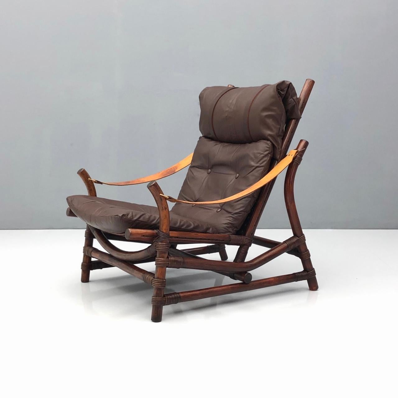Mid-Century Modern Leather Bamboo Lounge Chair with a Table, 1960s For Sale