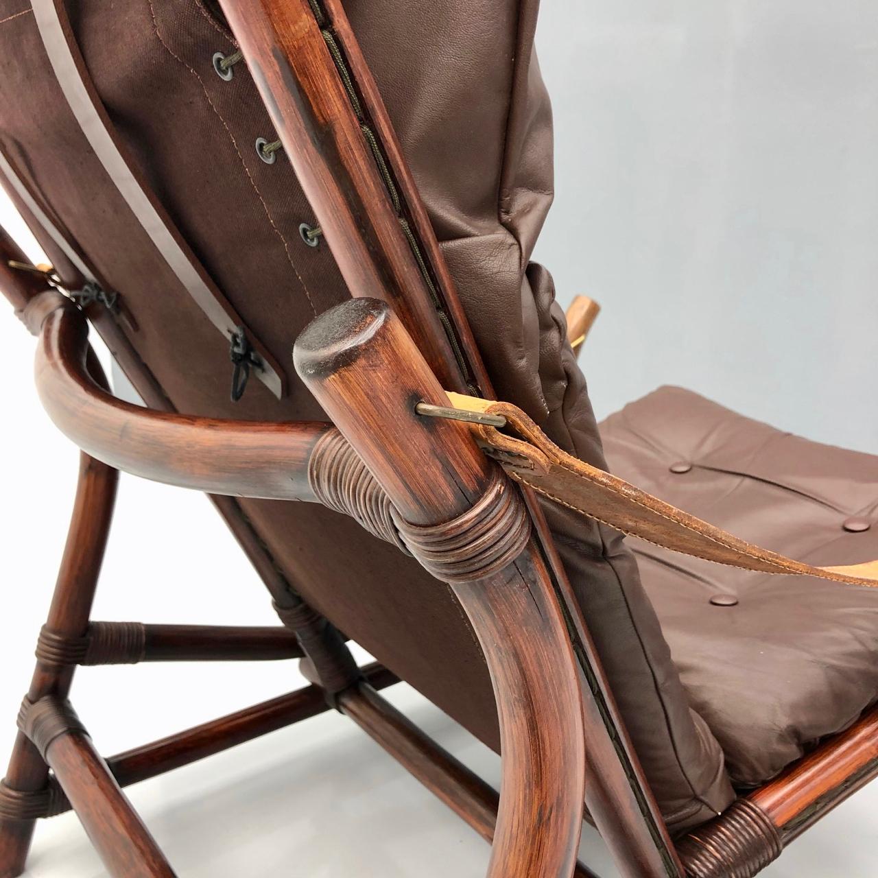 Mid-20th Century Leather Bamboo Lounge Chair with a Table, 1960s For Sale