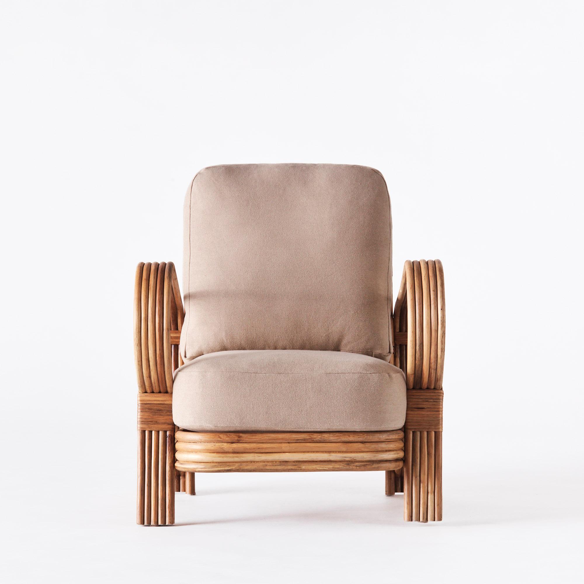 This low bamboo lounger is made of natural bamboo with a slight stain to get that cool vintage look, cushions in a natural beige colored linen.

The lounger is mainly made for indoor use and can also be used outside, but the bamboo base and fabric