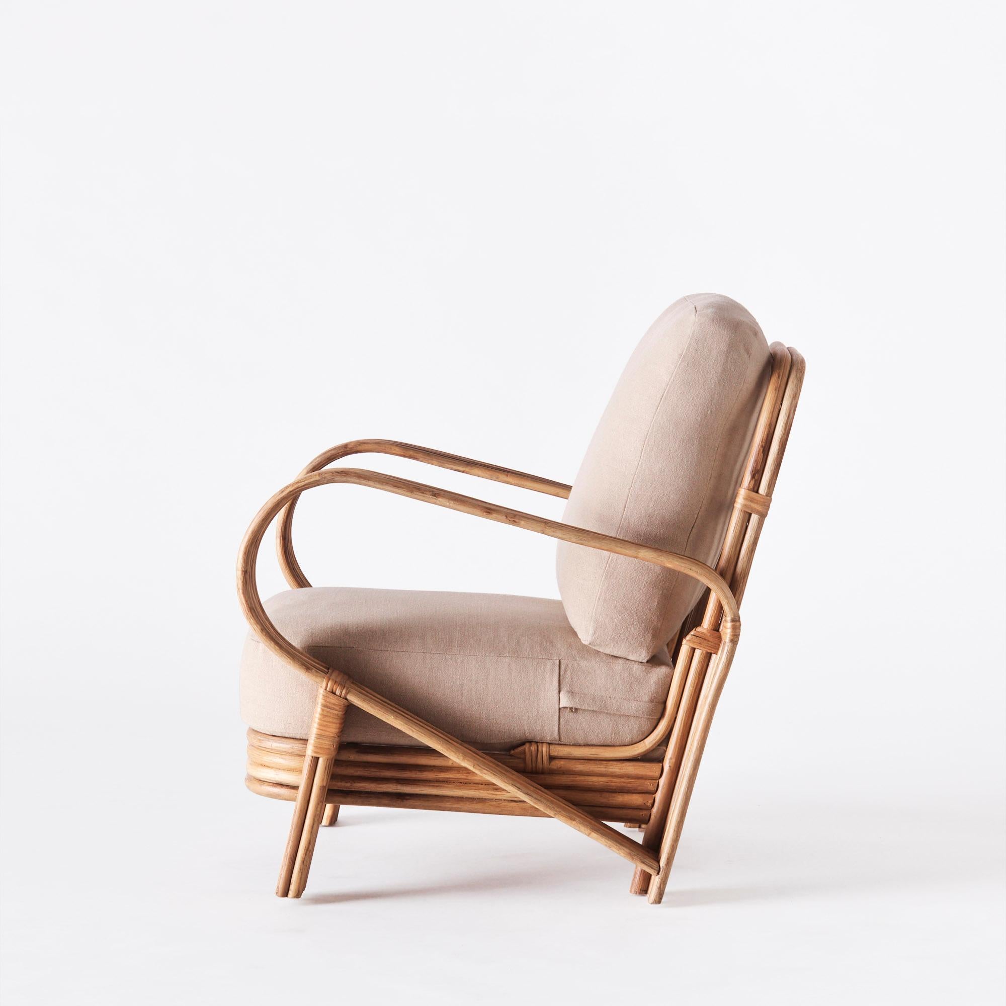 Philippine Bamboo Lounge Chair Beige Linen Upholstery For Sale