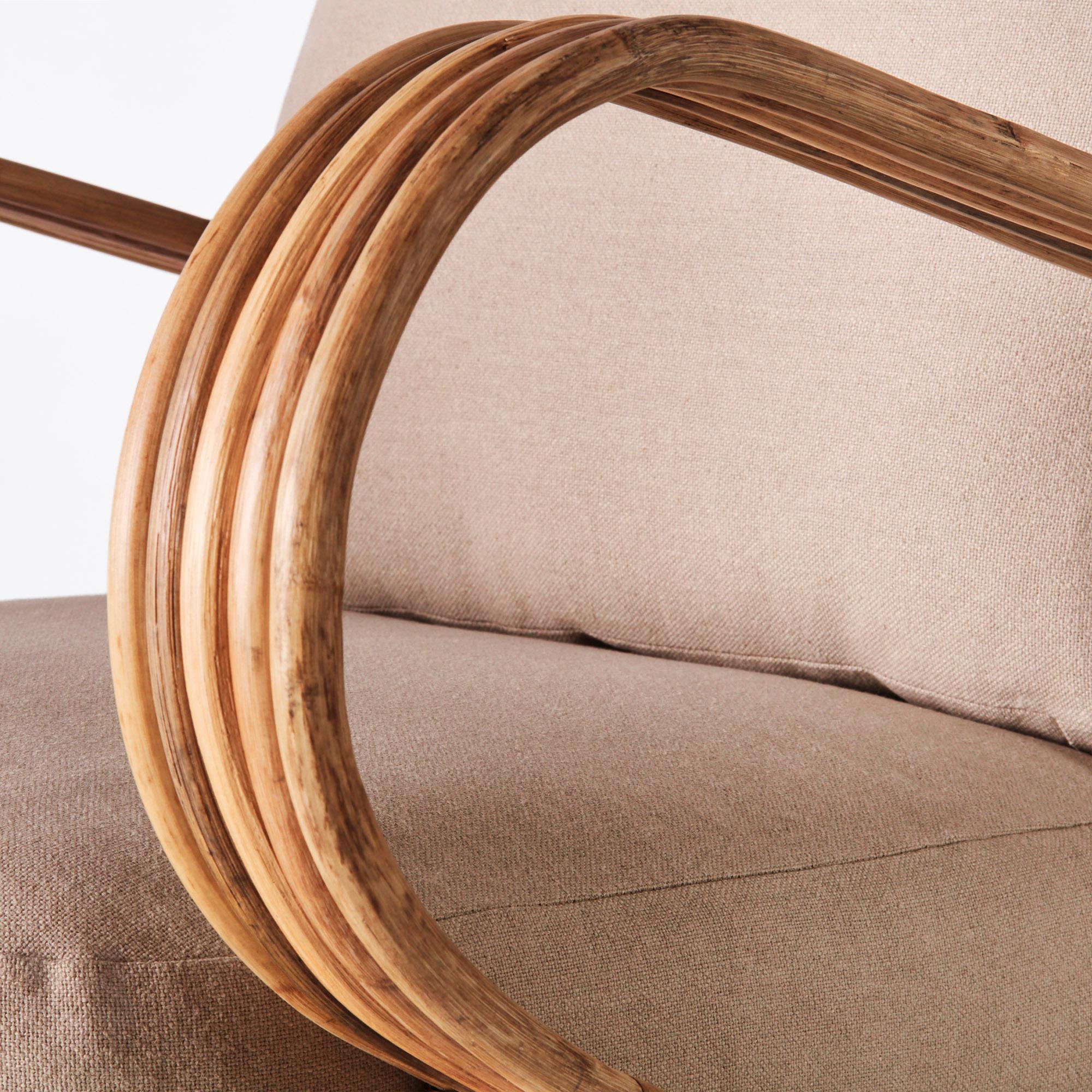 Fabric Bamboo Lounge Chair Beige Linen Upholstery For Sale