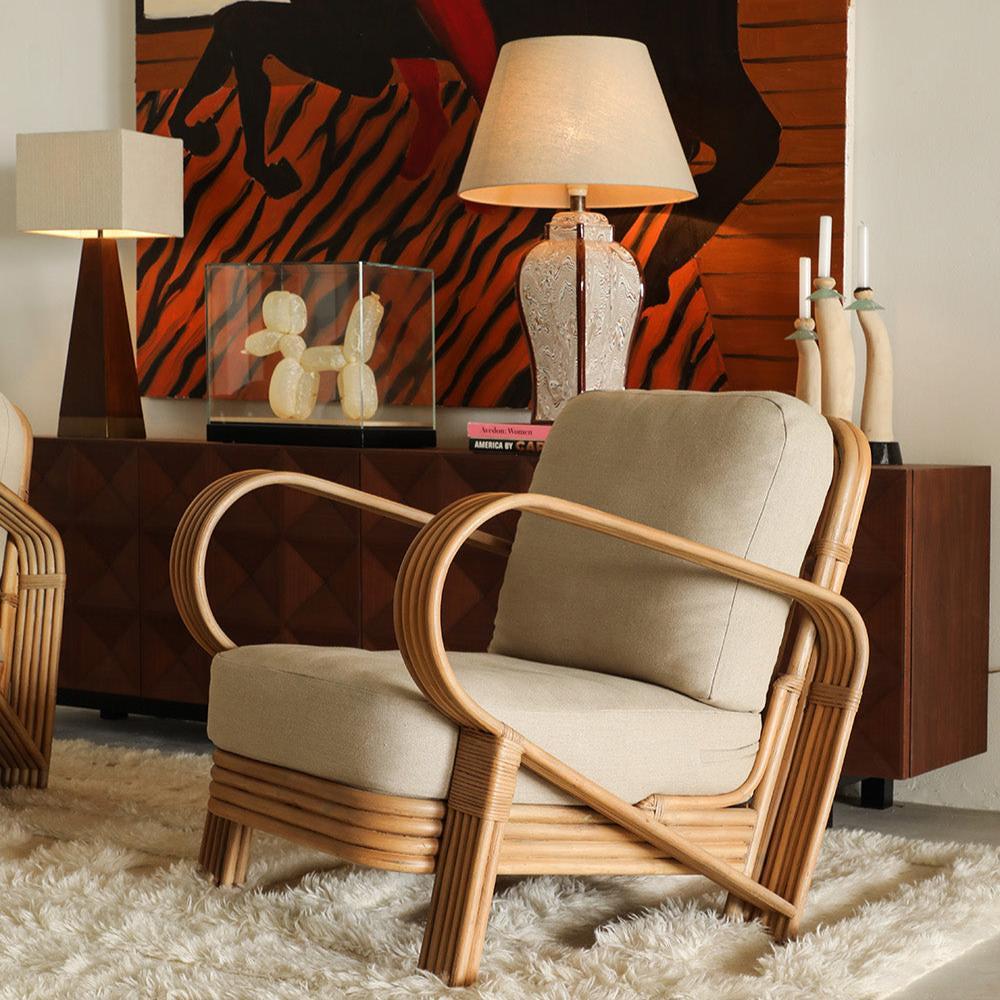 Bamboo Lounge Chair Beige Linen Upholstery For Sale 2
