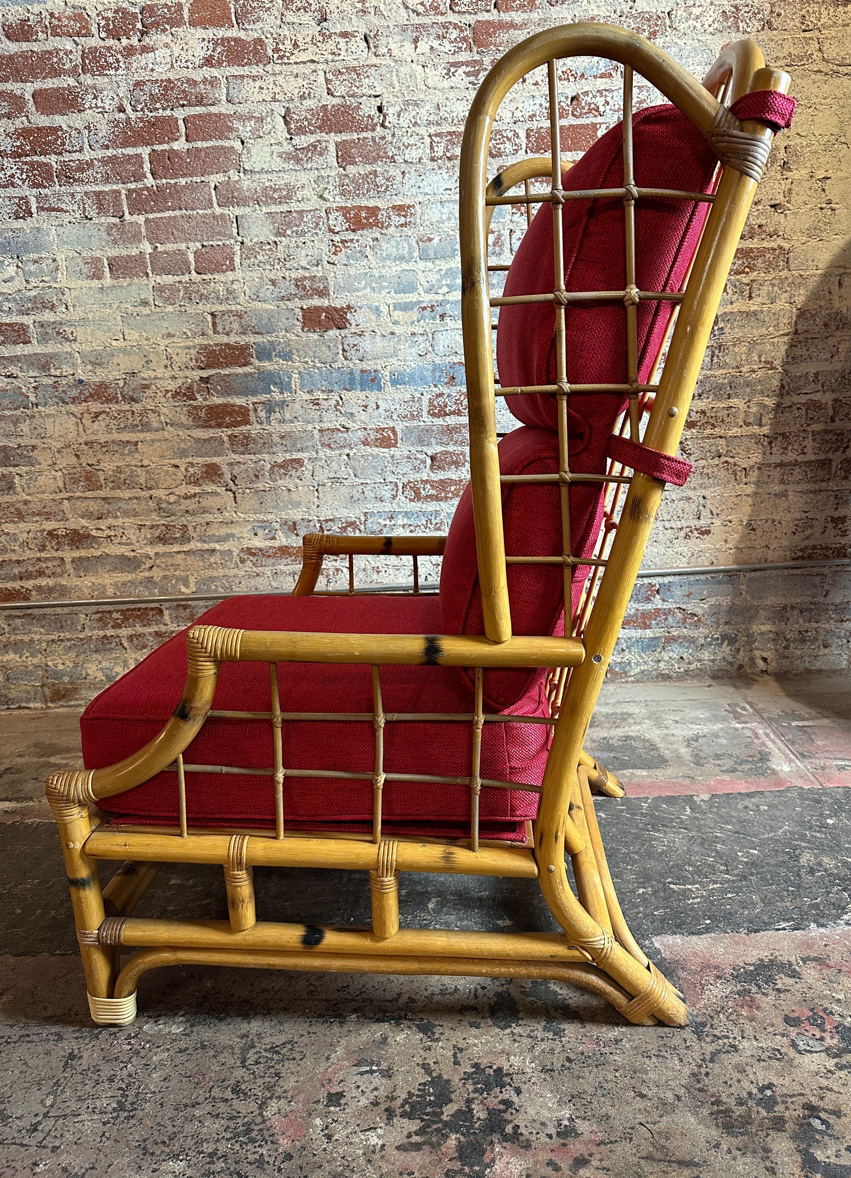 Bamboo Lounge Chair with Ottoman and Wingbacks In Excellent Condition For Sale In Pasadena, CA