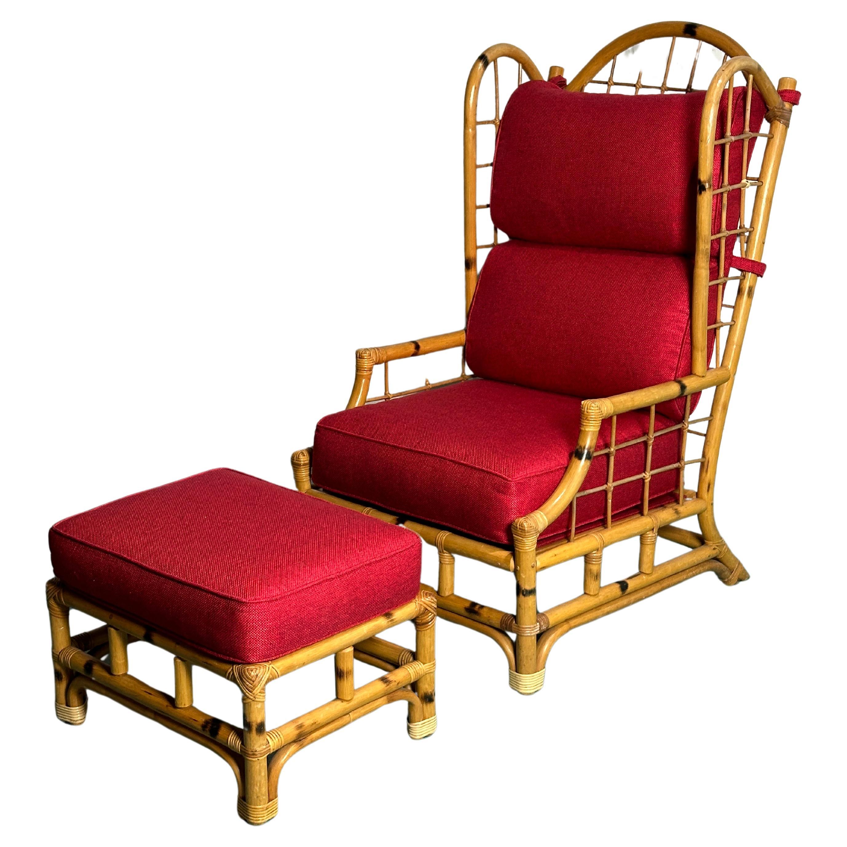 Bamboo Lounge Chair with Ottoman and Wingbacks For Sale