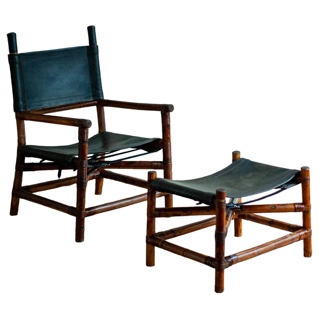 Bambus-Lounge-Set mit Stuhl und Fußhocker - 1970er Jahre im Angebot