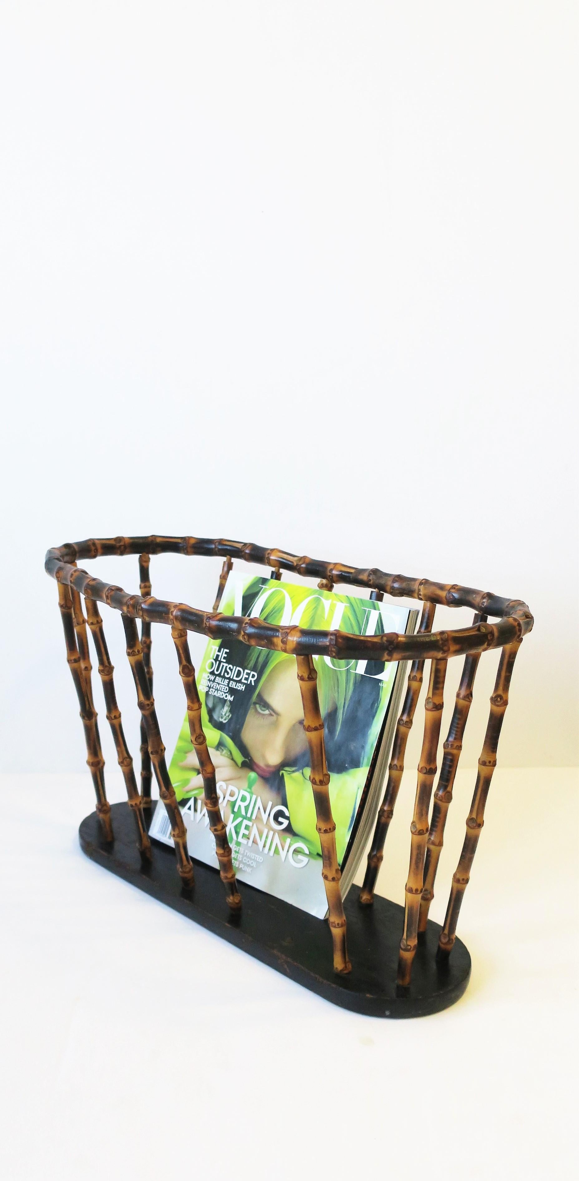 An oval or oblong bamboo magazine, newspaper or book holder 'basket', in the style of Gucci, circa mid-20th century, Italy. A great piece for home, office, library, etc. Dimensions: 10