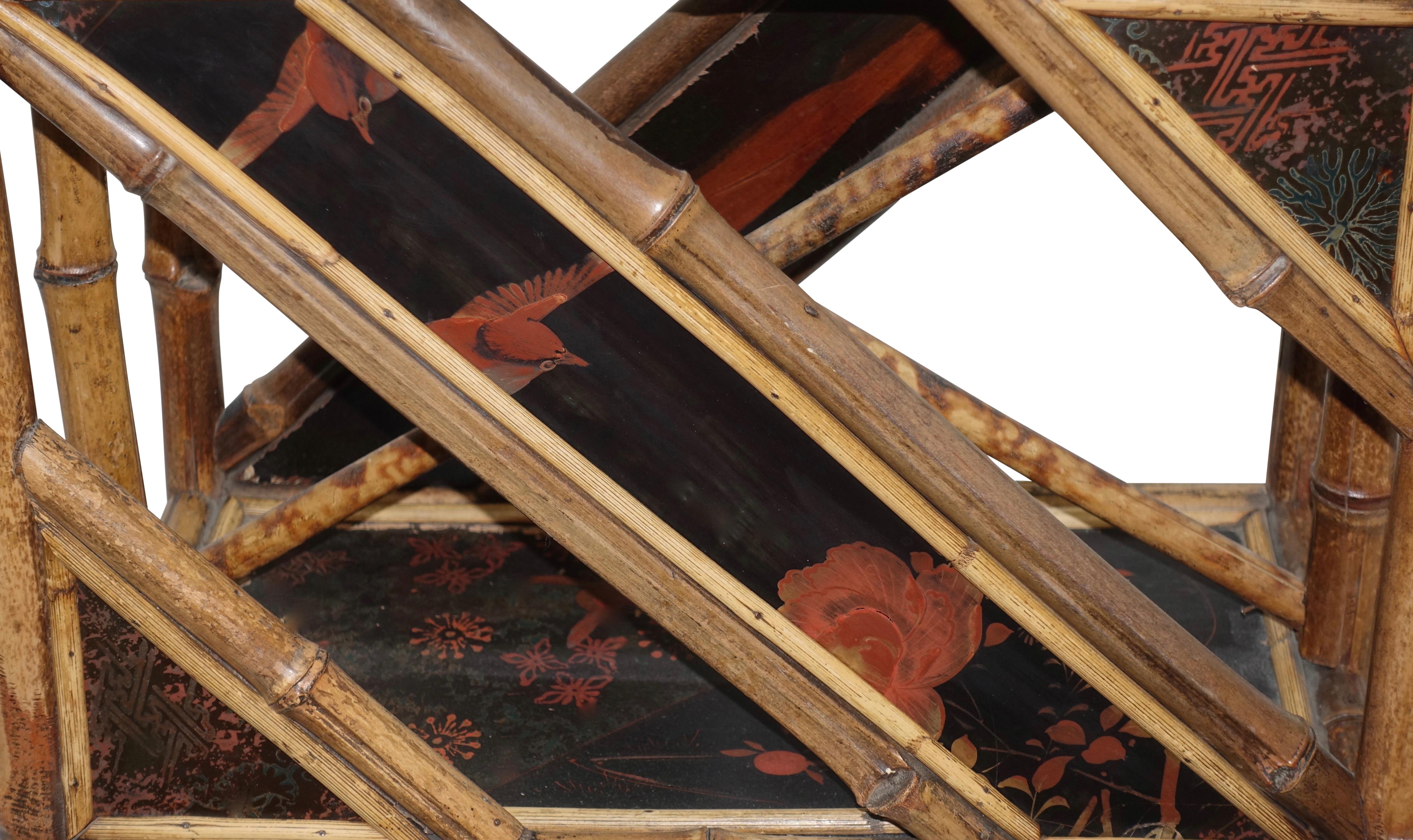 Painted Bamboo Magazine Rack with Lacquer Panels, 19th Century For Sale
