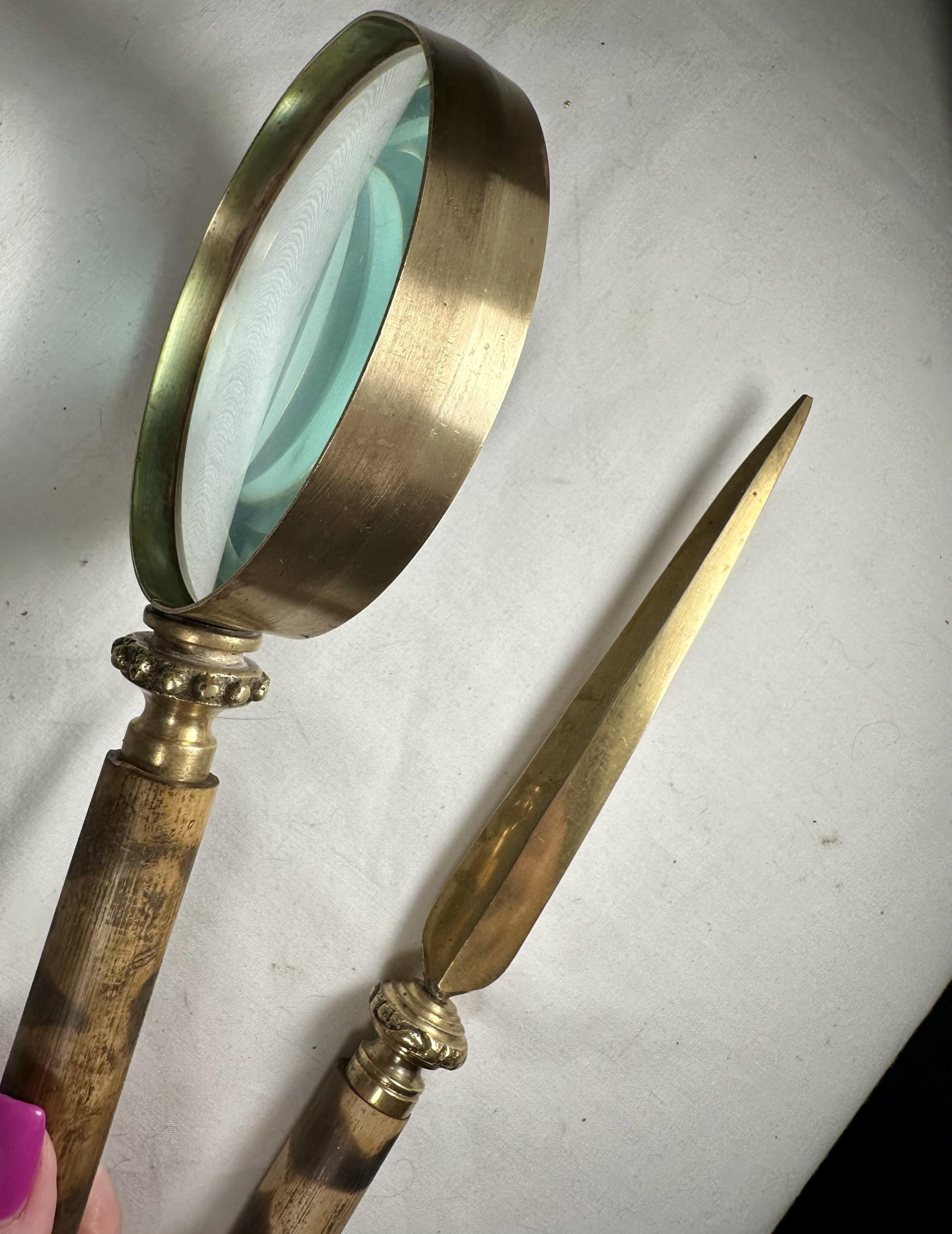 Bamboo Magnifying Glass and Letter Opener Desk Set.  For Sale 2