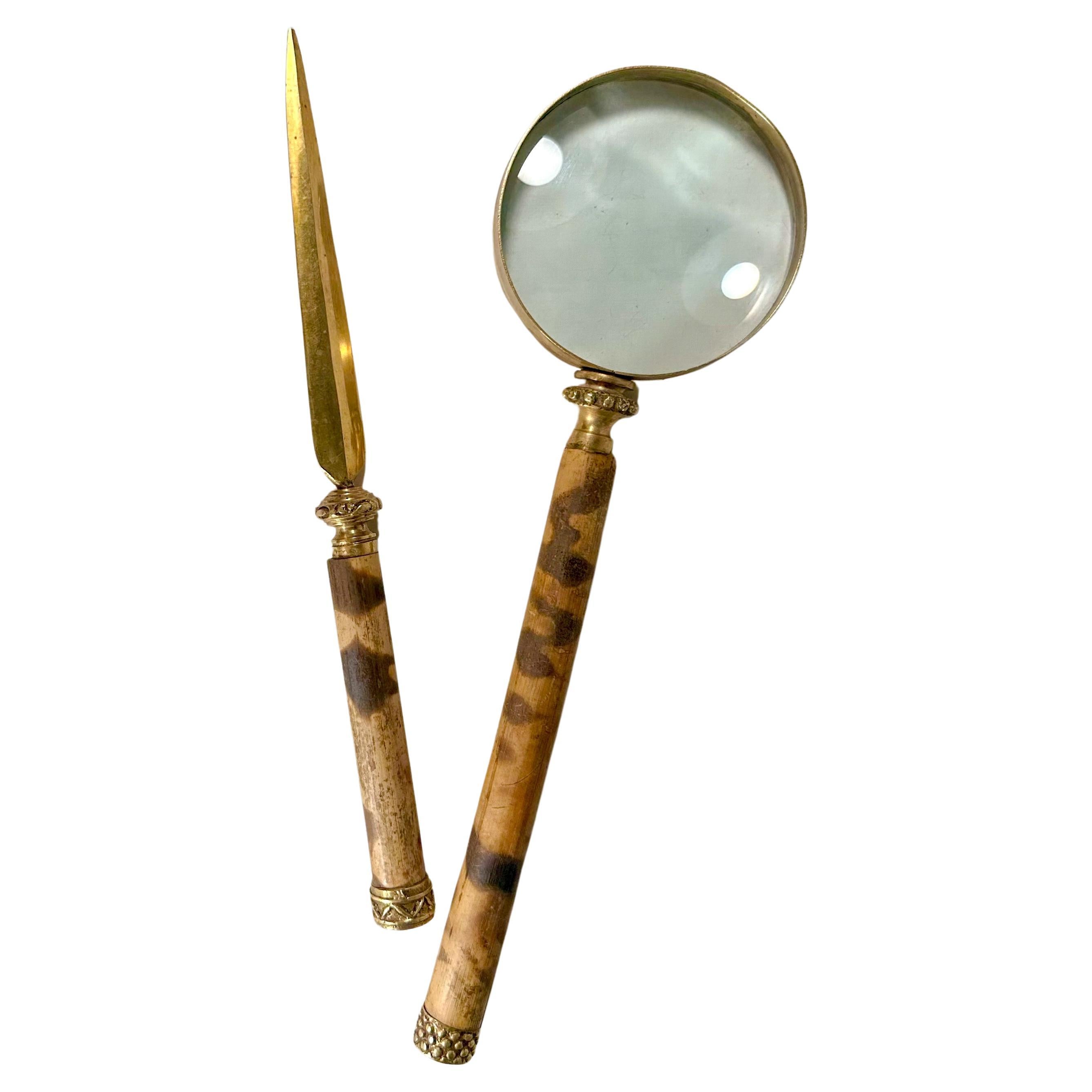 Bamboo Magnifying Glass and Letter Opener Desk Set.  For Sale