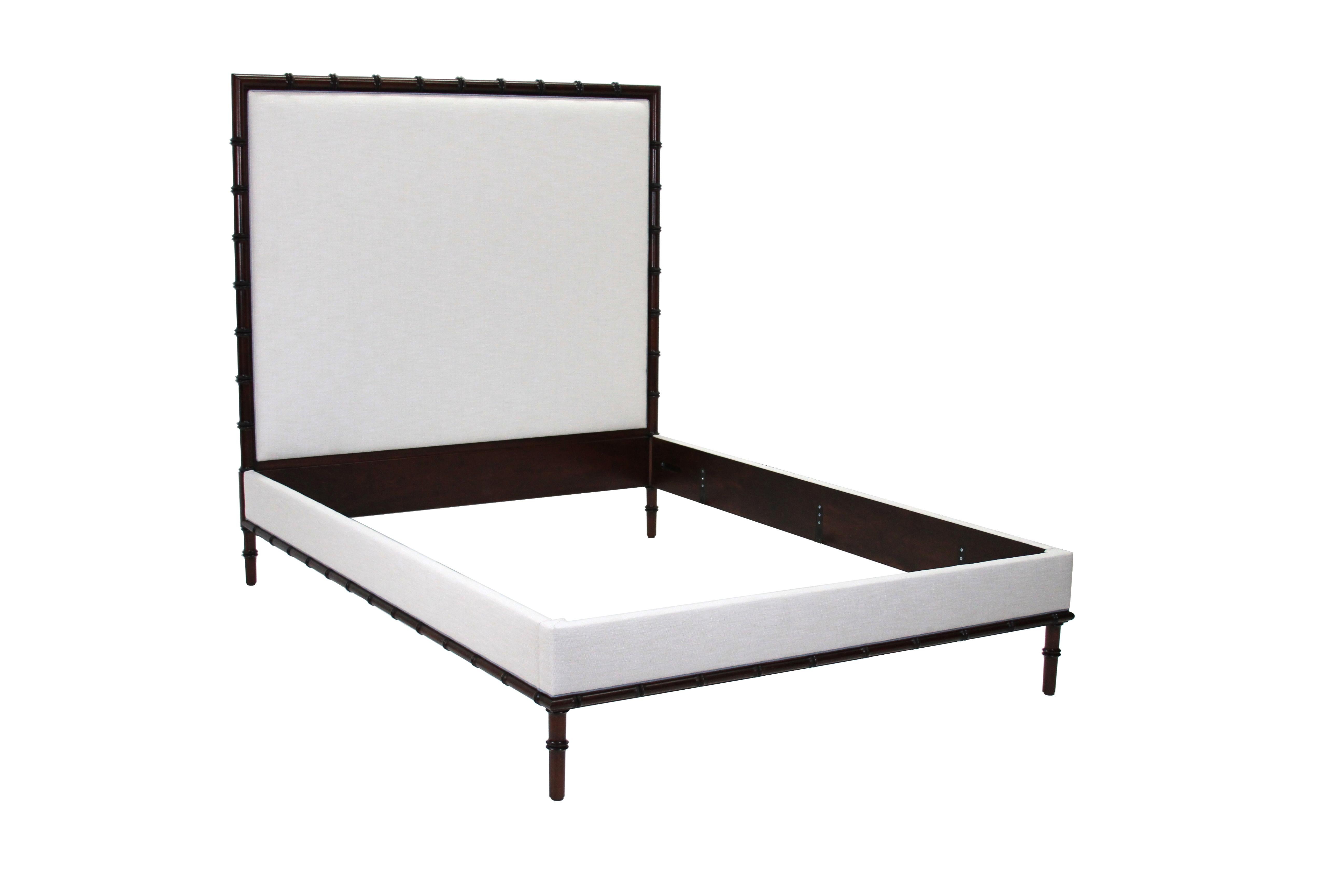 The Bamboo upholstered bed is a beautiful hybrid of a traditional bamboo style bed with the comfort of an uhpolstered headboard, footboard and siderails. Shown in solid Mahogany it is available in multiple wood types, sizes and finishes. This bed is