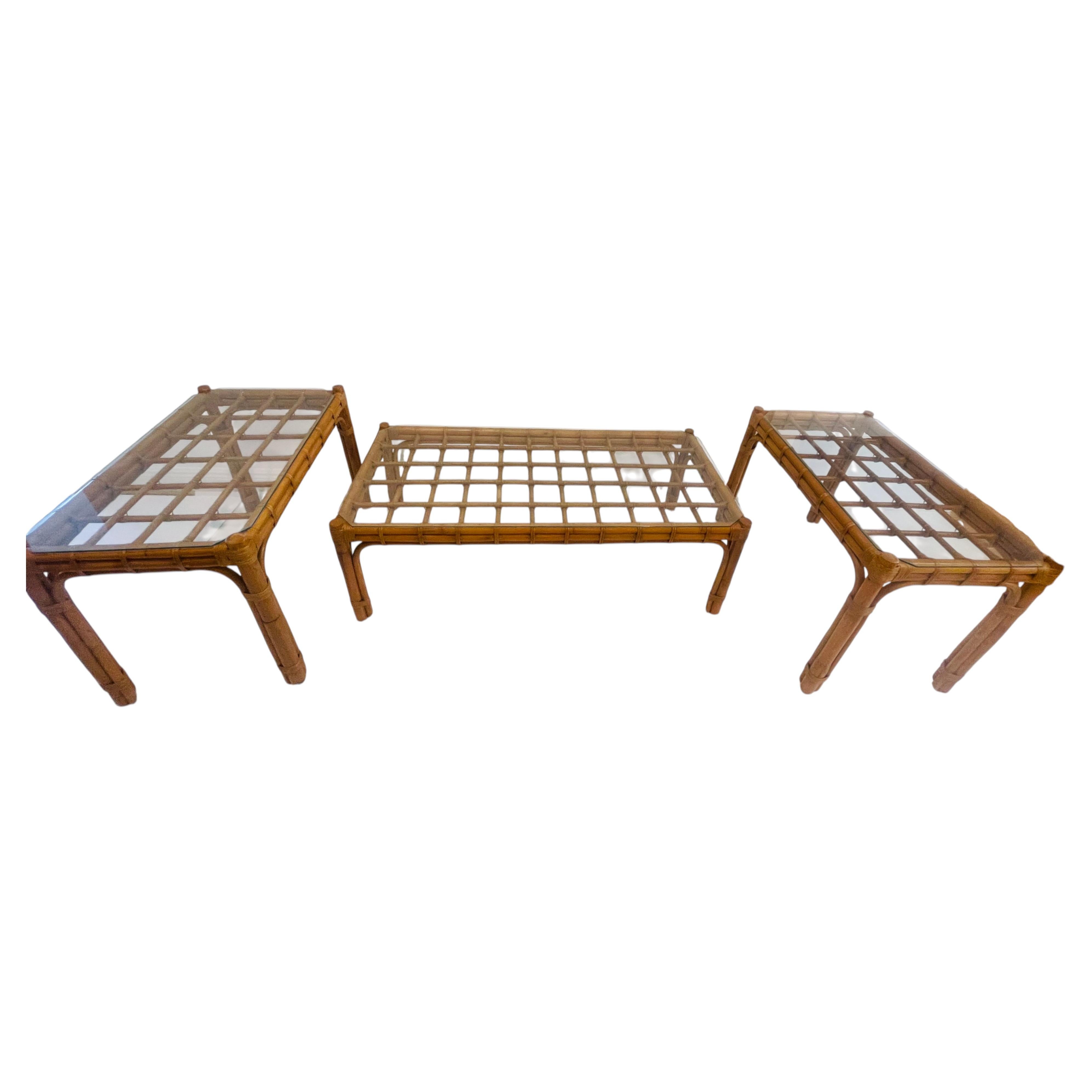 Reduced- Bamboo Mid Century Modern 3 pcs Tables Set Coffee Side Tables