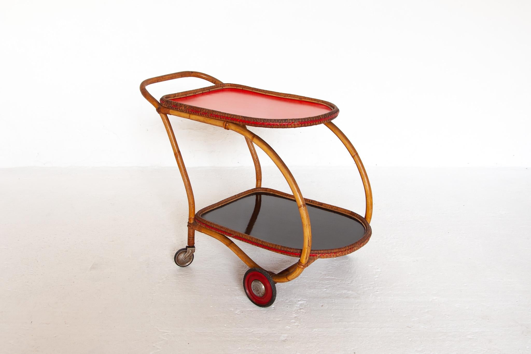 Hand-Crafted Bamboo Mid-Century Modern Bar Cart with a Red Touch, Italy, 1950s