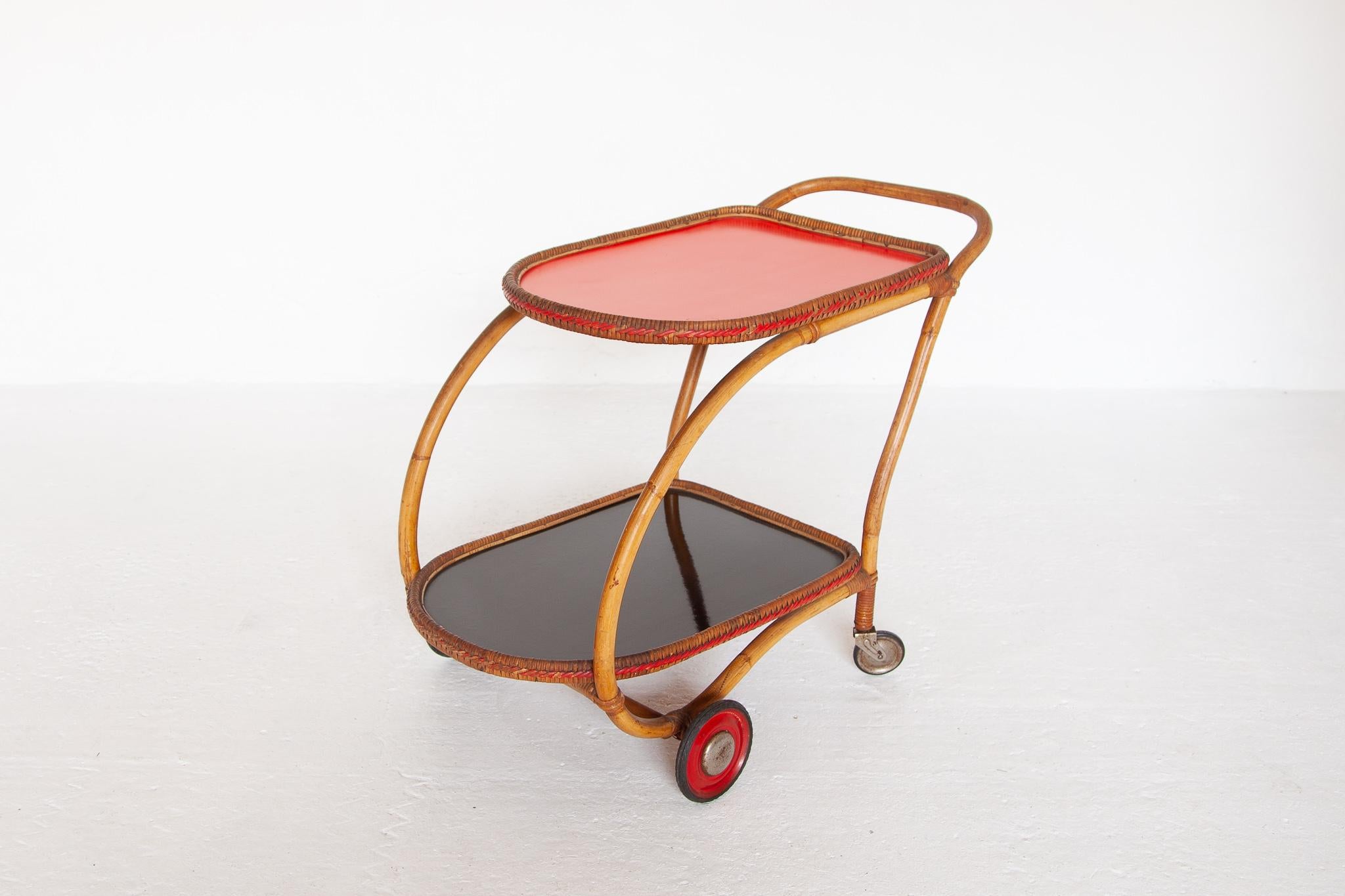 Mid-20th Century Bamboo Mid-Century Modern Bar Cart with a Red Touch, Italy, 1950s
