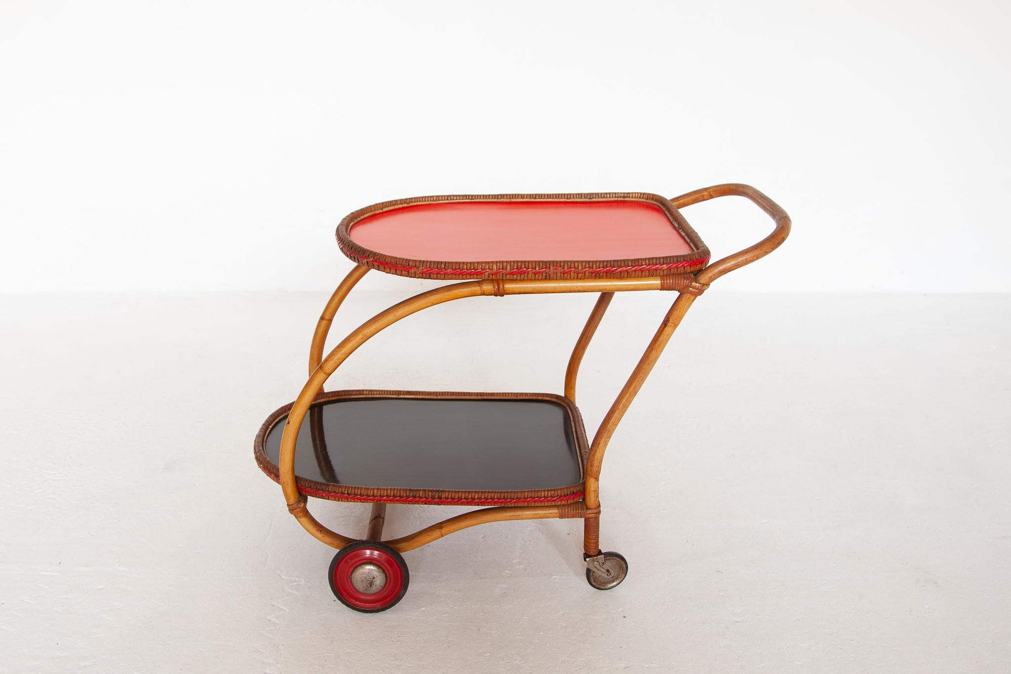 Bamboo Mid-Century Modern Bar Cart with a Red Touch, Italy, 1950s 1