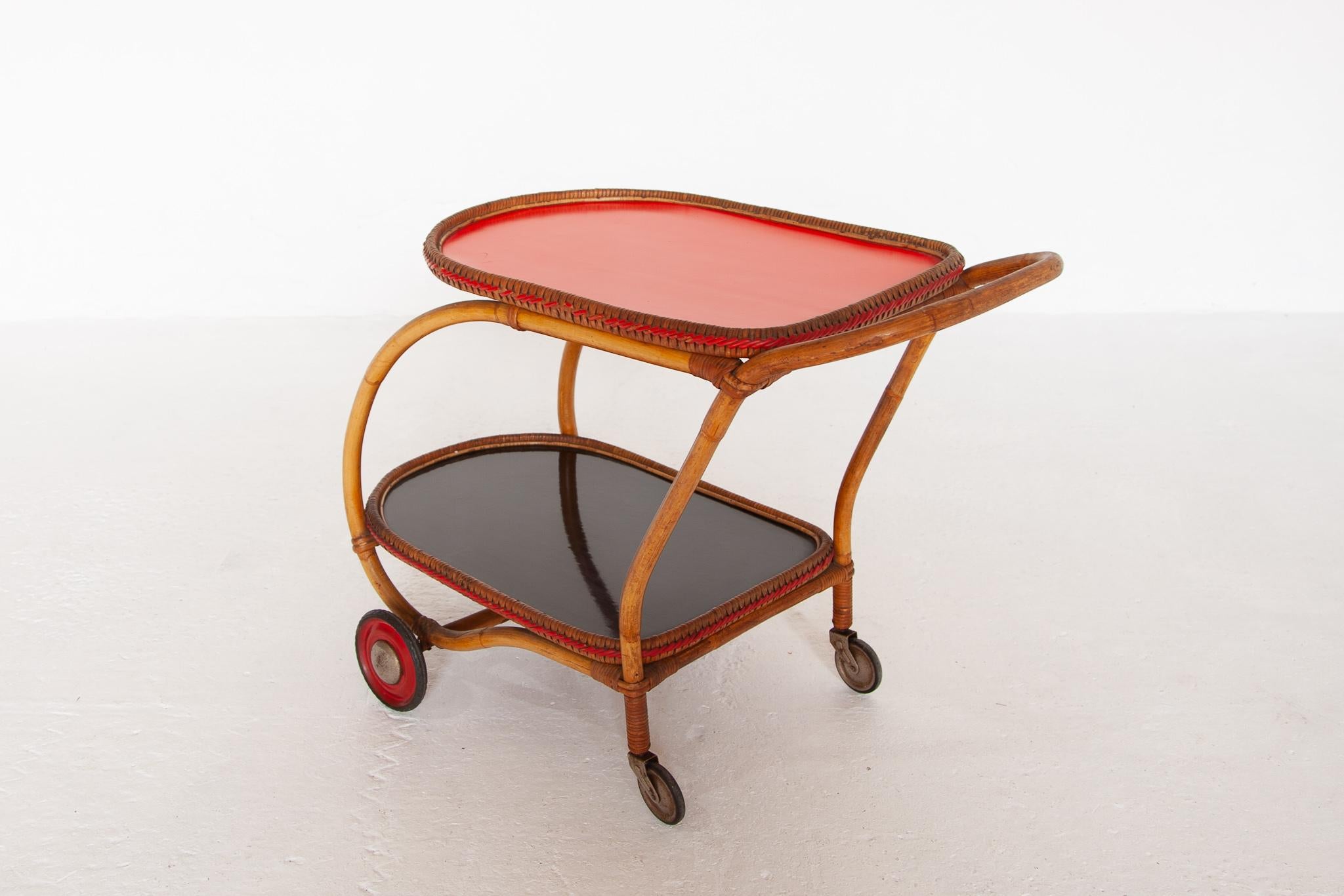 Bamboo Mid-Century Modern Bar Cart with a Red Touch, Italy, 1950s 2