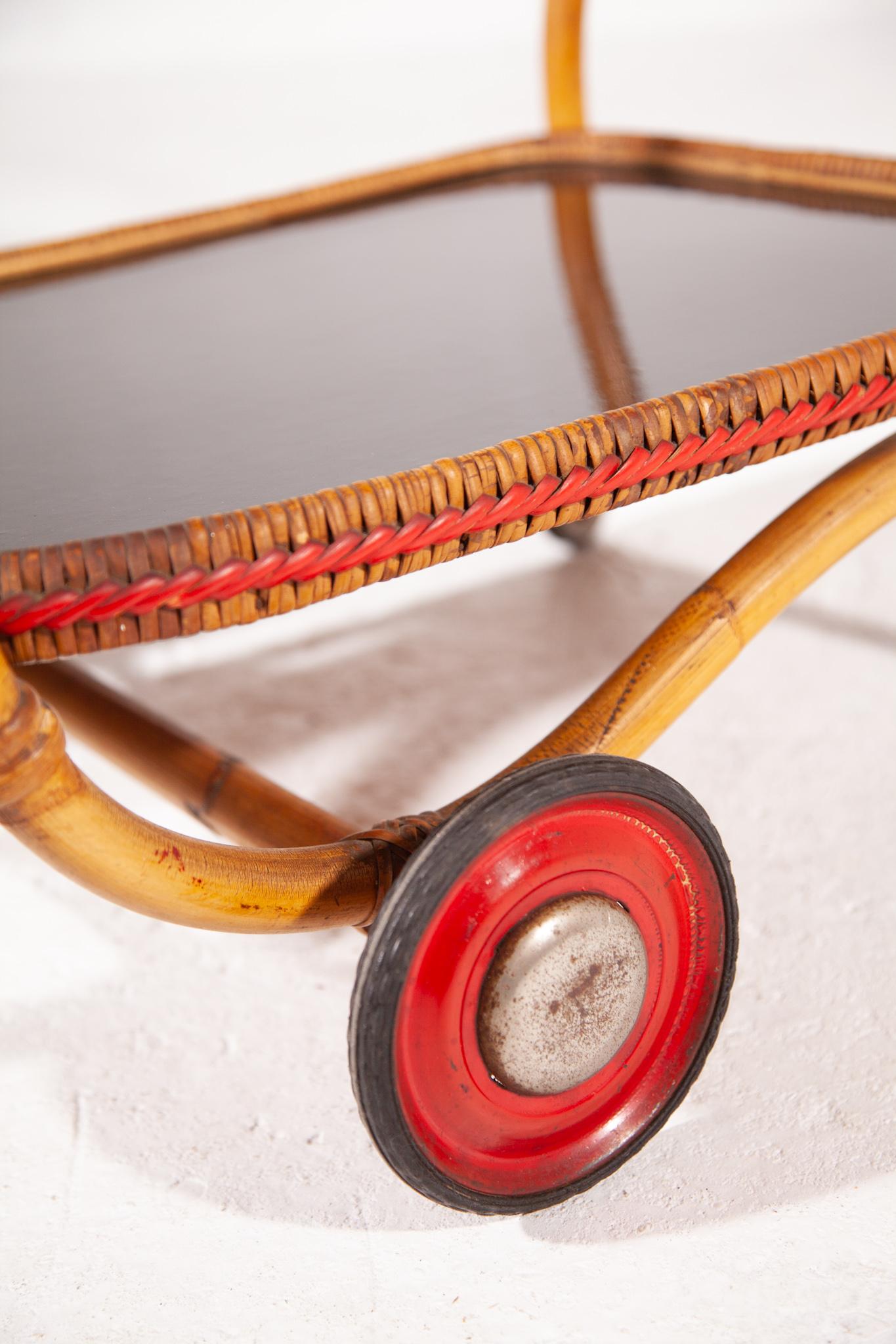 Bamboo Mid-Century Modern Bar Cart with a Red Touch, Italy, 1950s 3