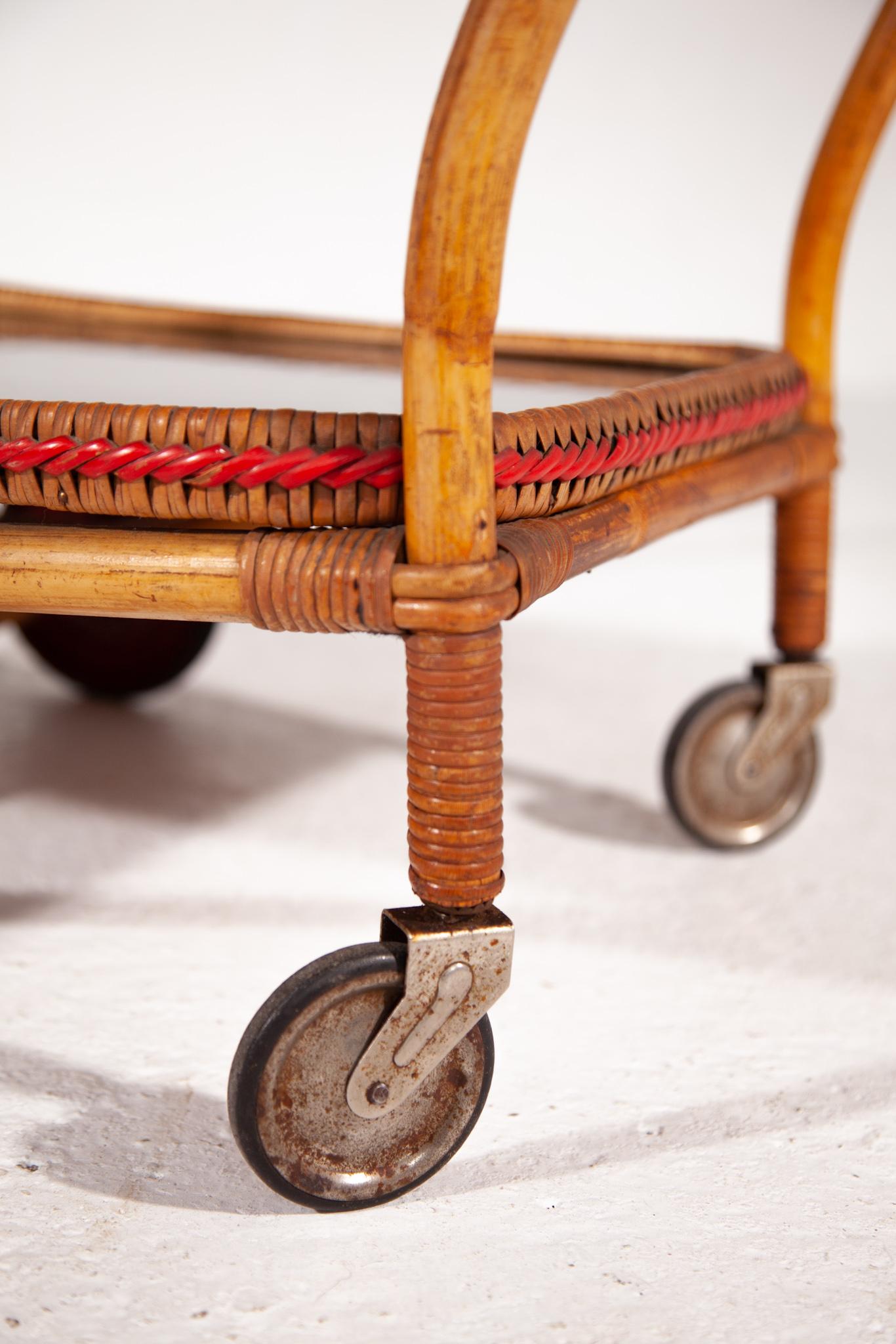 Bamboo Mid-Century Modern Bar Cart with a Red Touch, Italy, 1950s 4