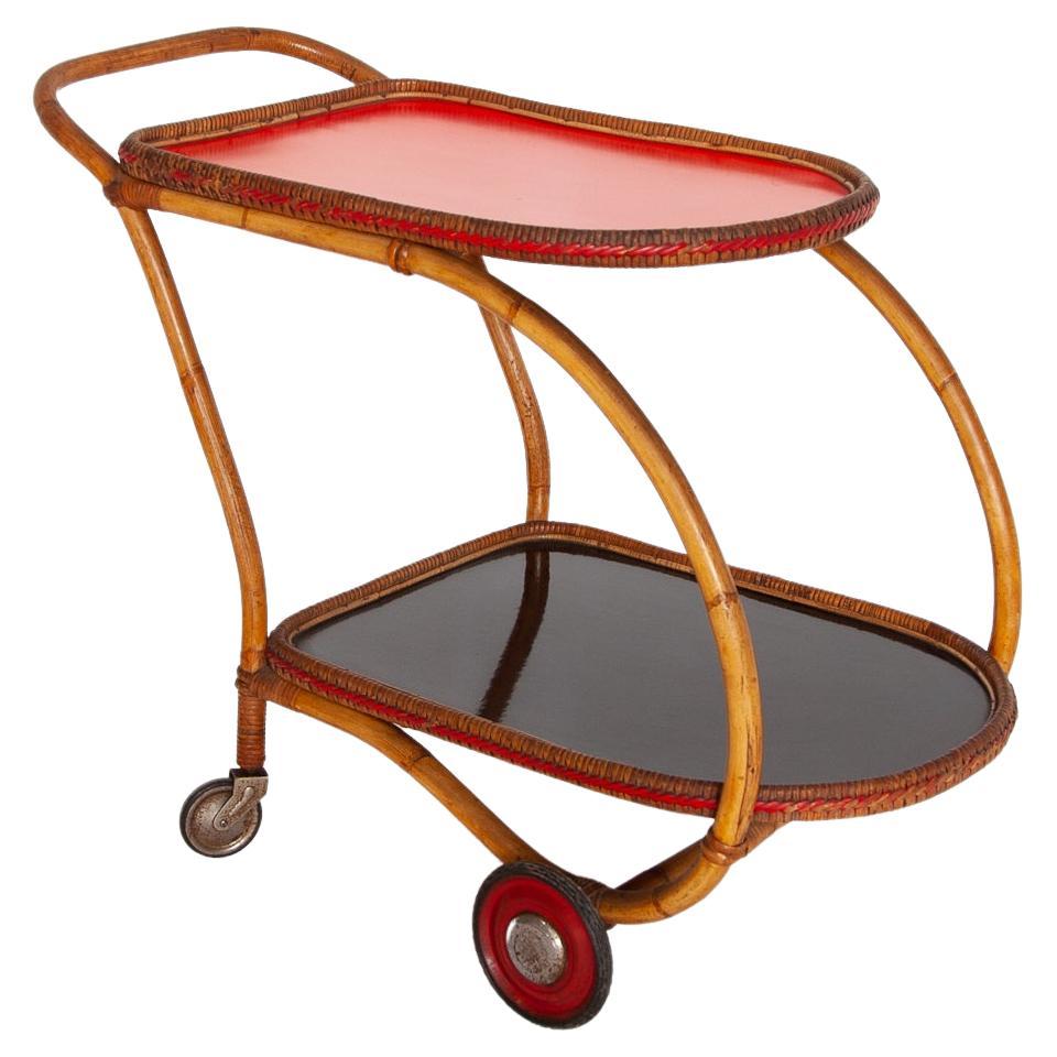 Bamboo Mid-Century Modern Bar Cart with a Red Touch, Italy, 1950s