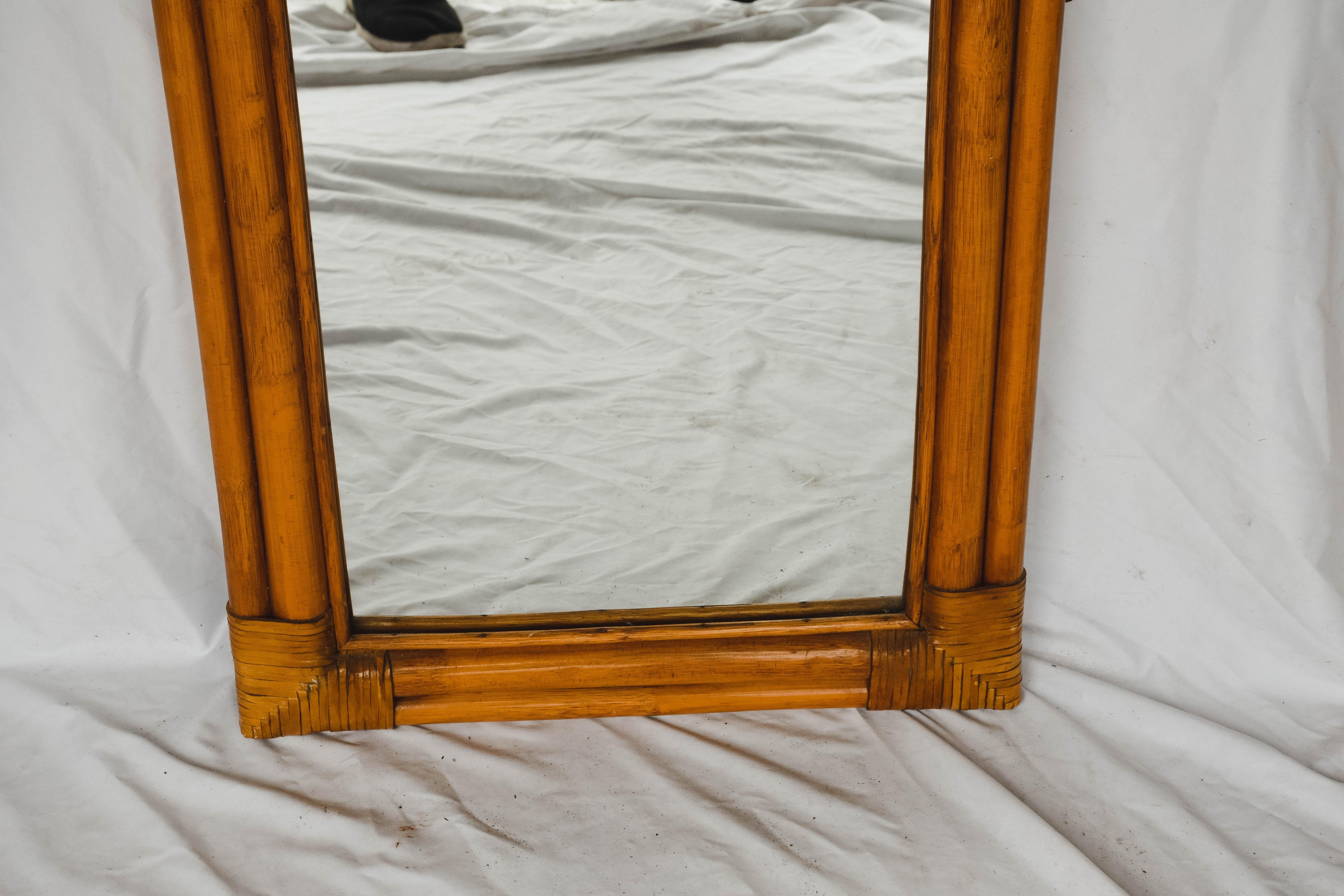 Rectangular bamboo mirror circa 1950. Well-preserved condition. Dimensions: 67 1/2