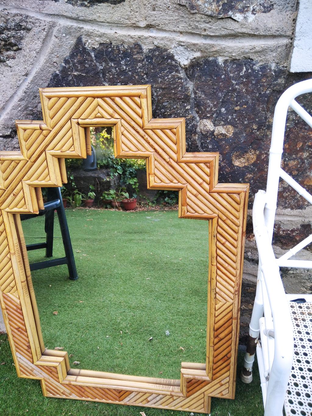Bamboo Wall Mirror Original Style Large Size From Italy   Mid 20th Century In Excellent Condition For Sale In Mombuey, Zamora