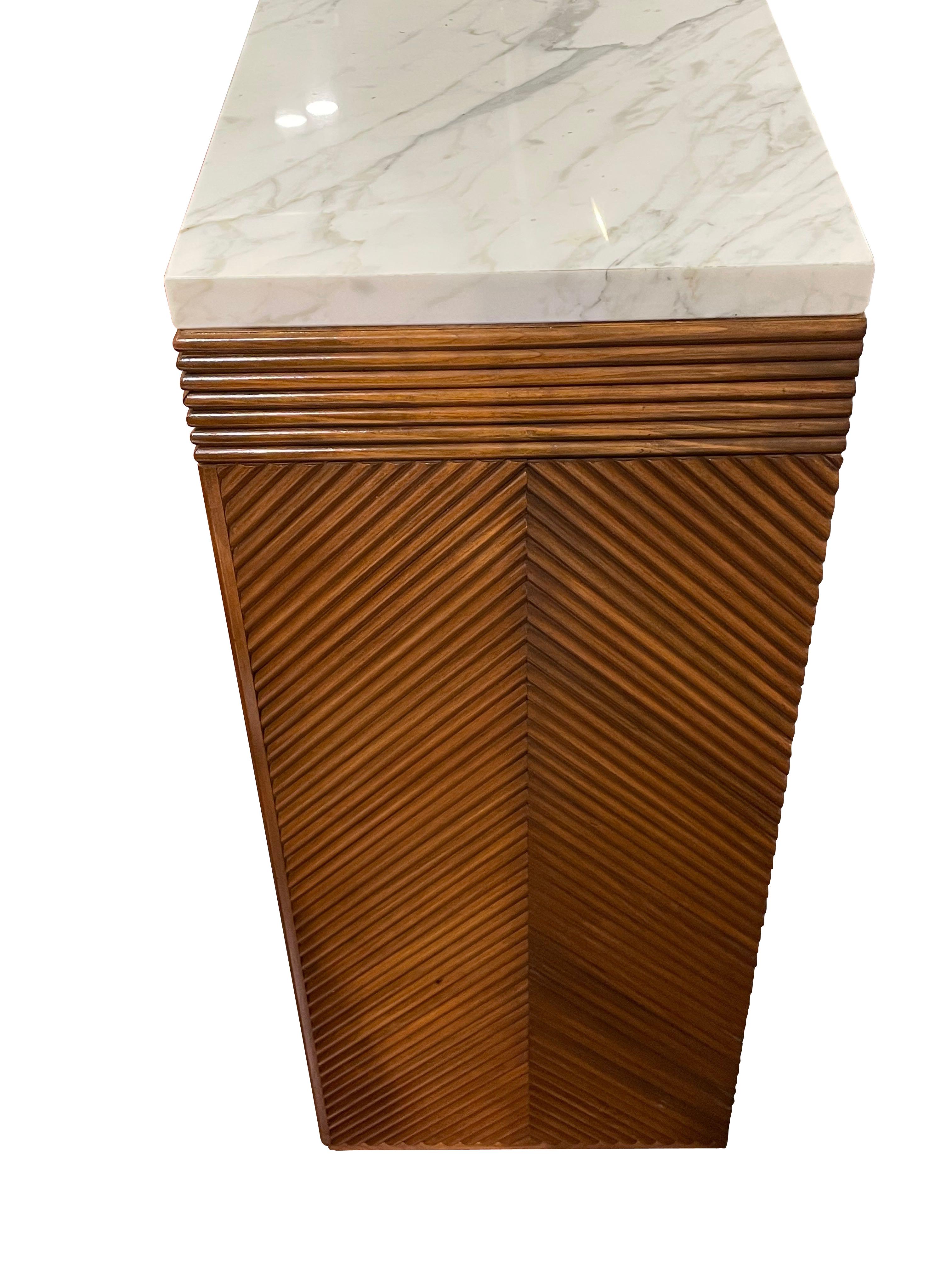 Italian Bamboo Mitered Sides, White Marble Top Console, Italy, Mid Century