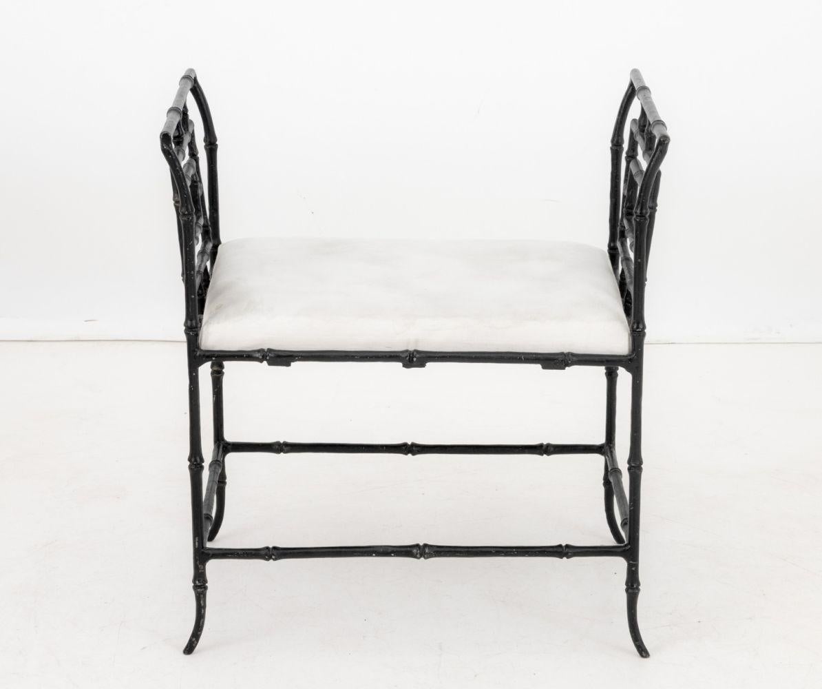 Bamboo Motif Black Patinated Cast Iron Window Seat, with upholstered cushion and Global Views label to underside. 28.5