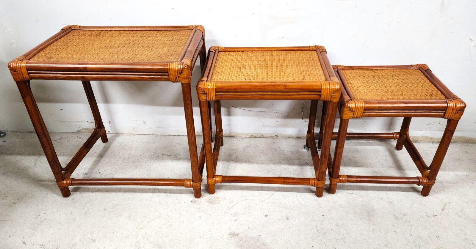 Mid-Century Modern Bamboo Nesting Tables Rattan Wicker Set of 3 For Sale