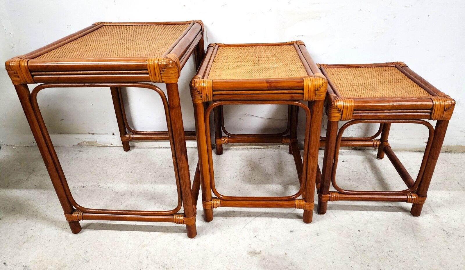 Bamboo Nesting Tables Rattan Wicker Set of 3 In Good Condition For Sale In Lake Worth, FL