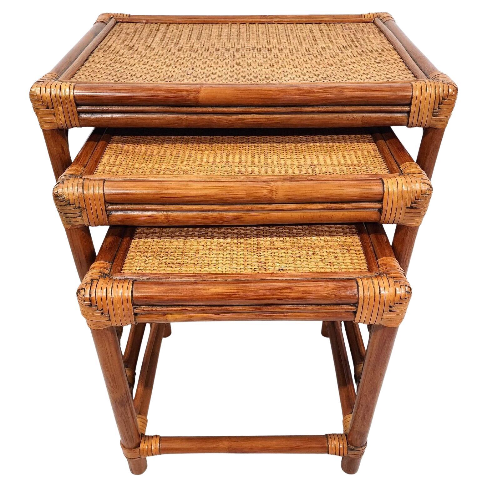 Bamboo Nesting Tables Rattan Wicker Set of 3 For Sale
