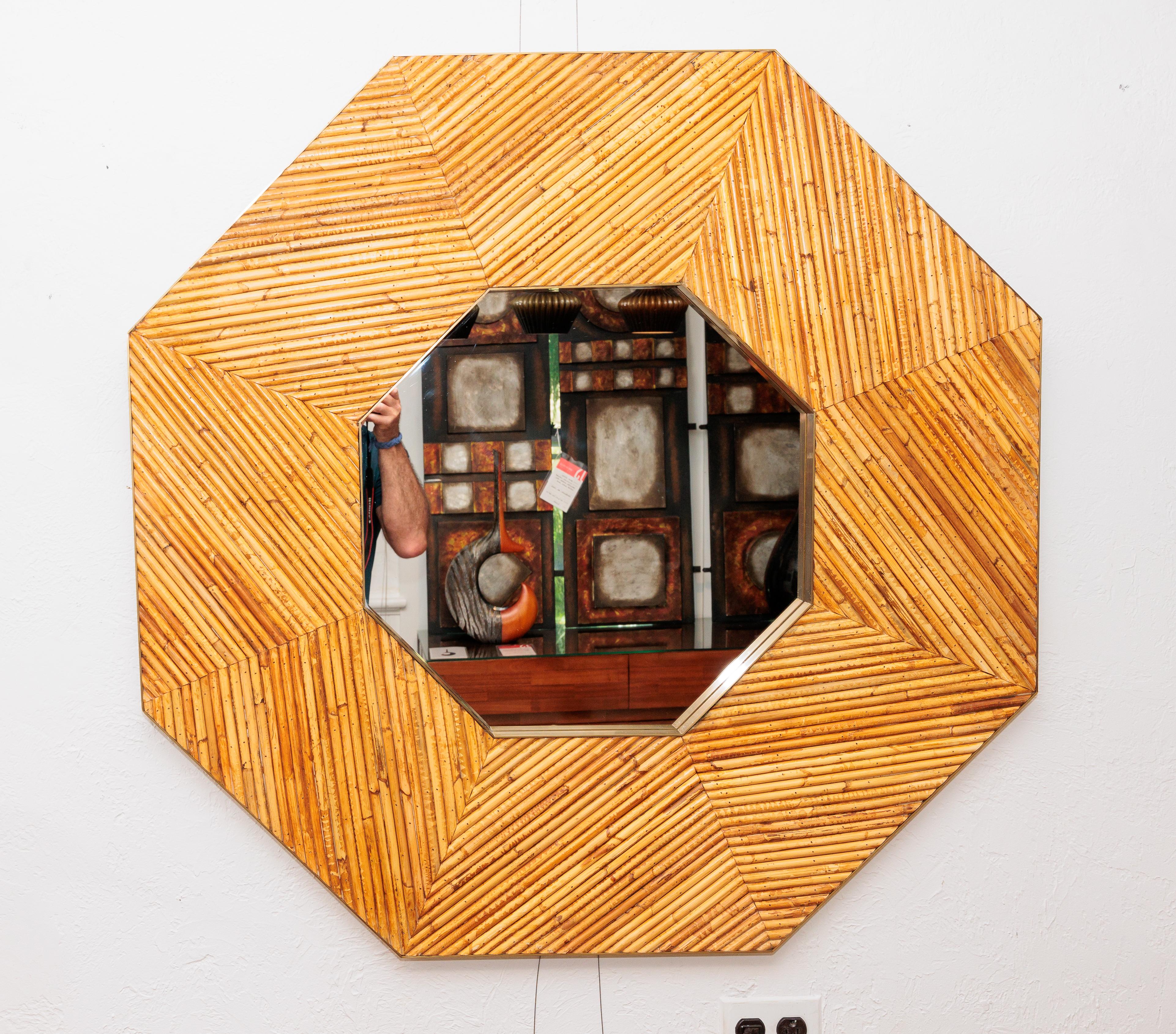 Mid-Century Modern Bamboo Octagon Mirror with Brass Detail For Sale