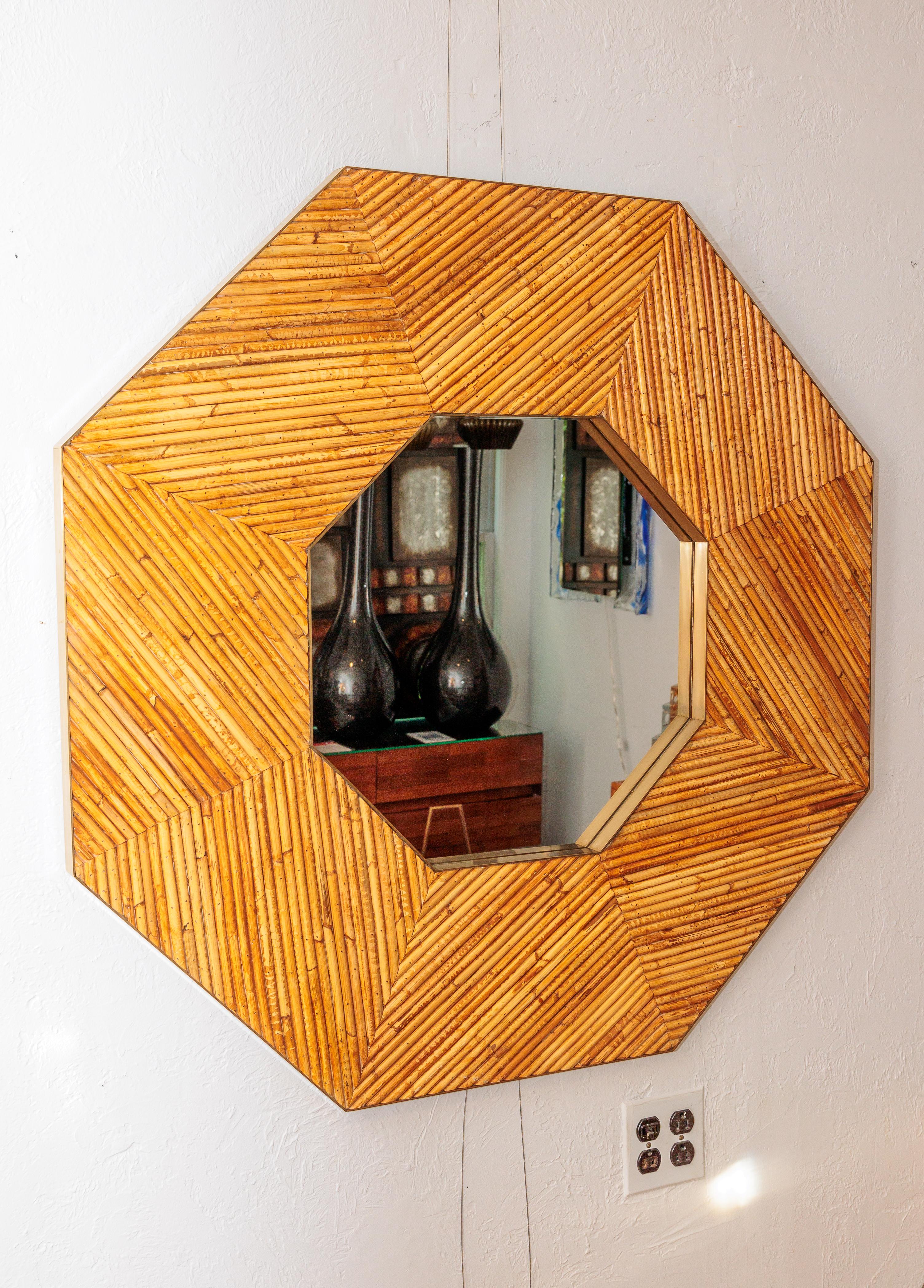 Italian Bamboo Octagon Mirror with Brass Detail For Sale