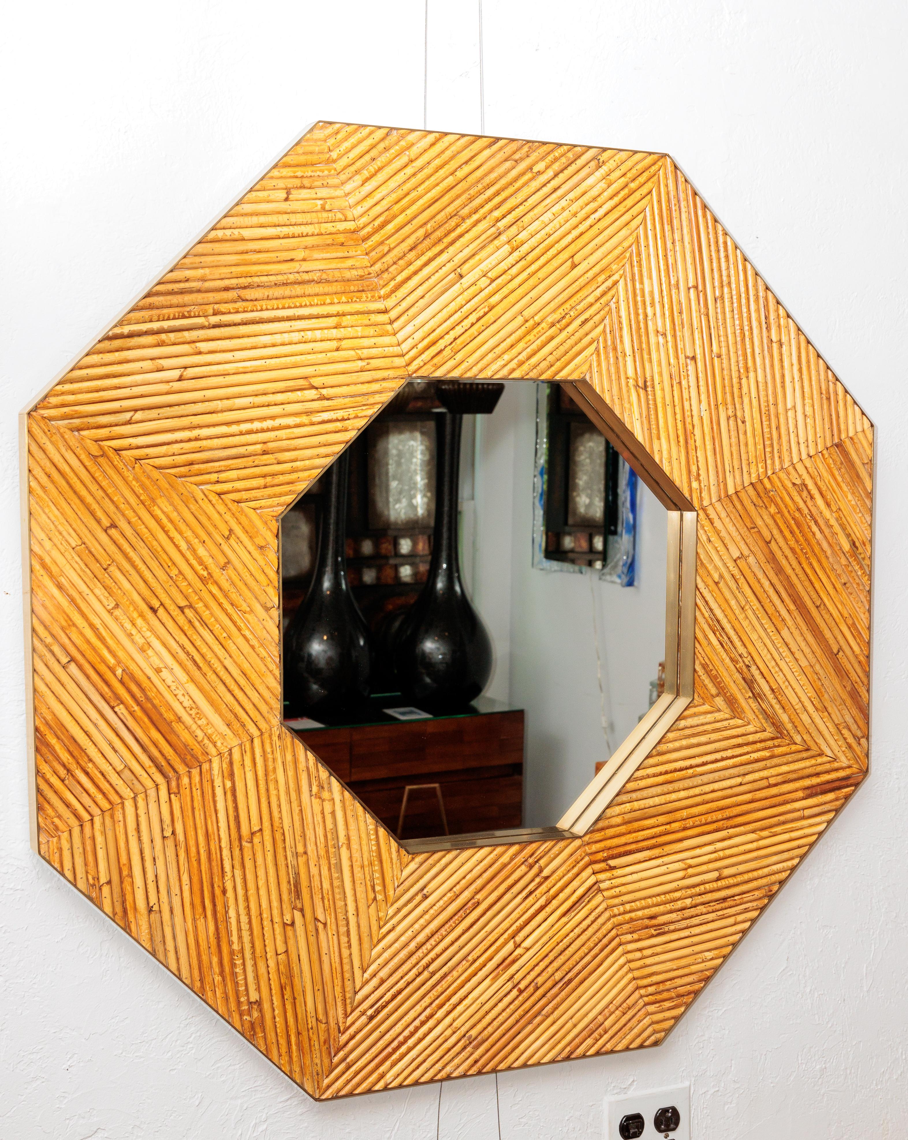 Hand-Crafted Bamboo Octagon Mirror with Brass Detail For Sale