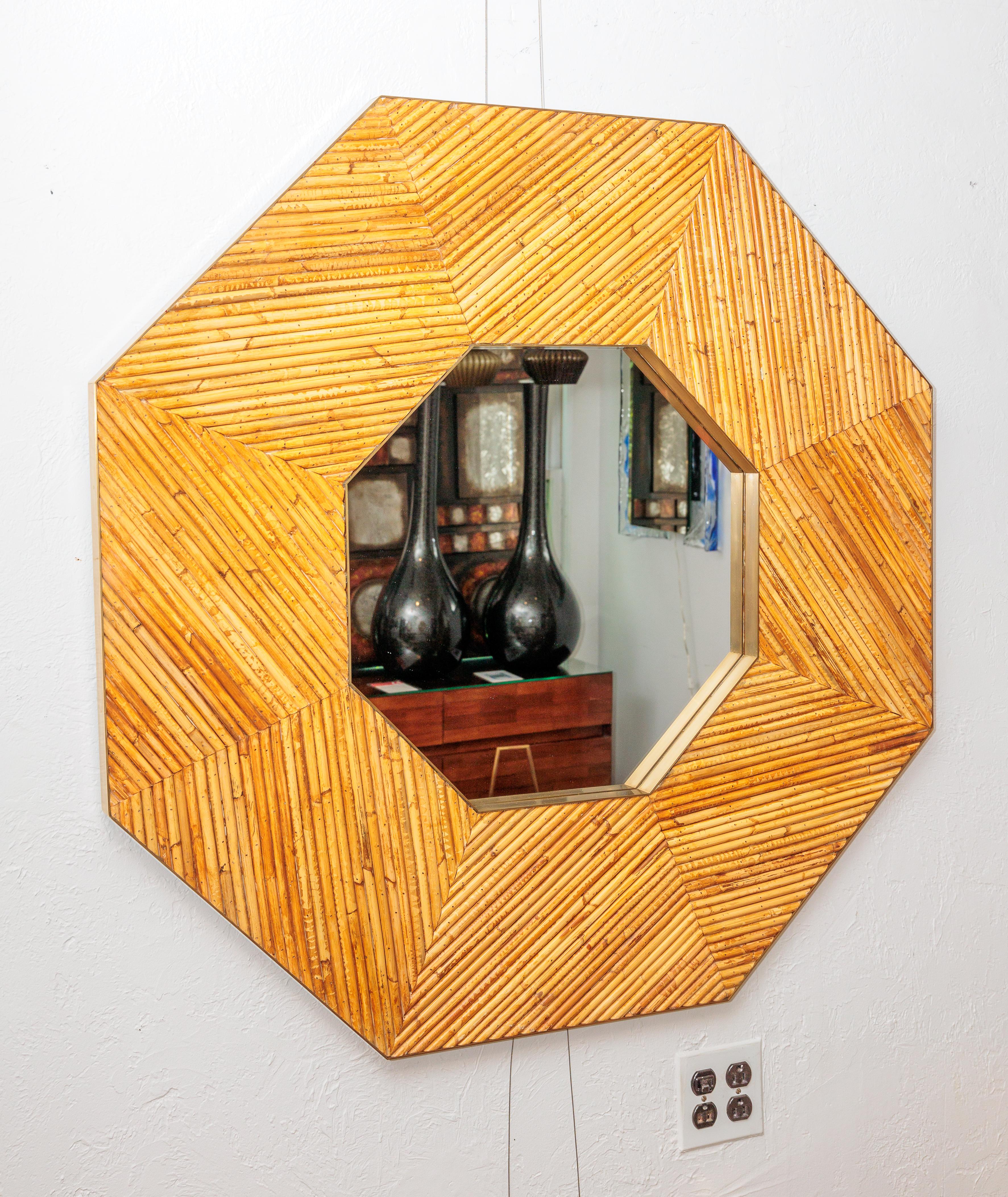 Bamboo Octagon Mirror with Brass Detail In Excellent Condition For Sale In Bridgehampton, NY