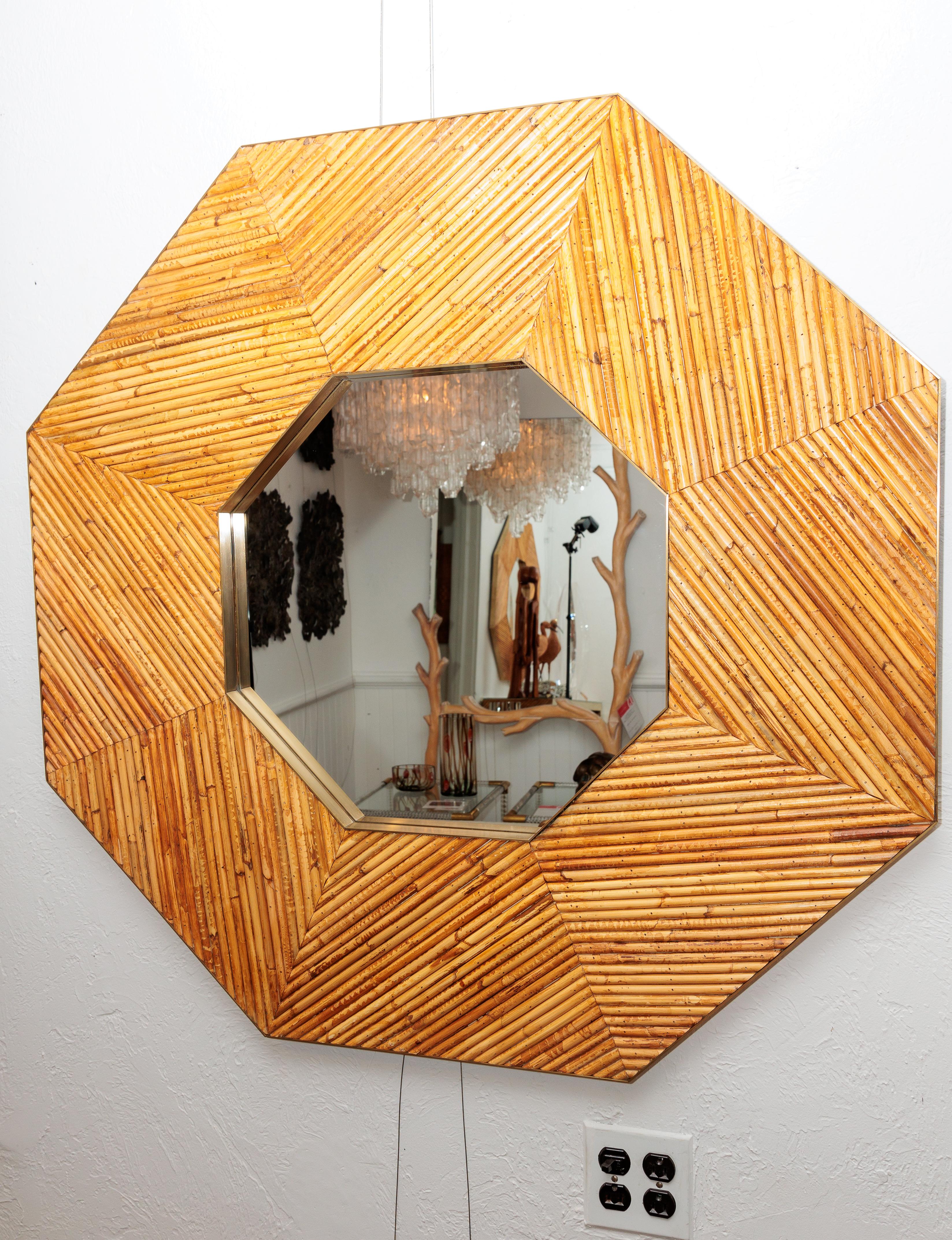 Contemporary Bamboo Octagon Mirror with Brass Detail For Sale