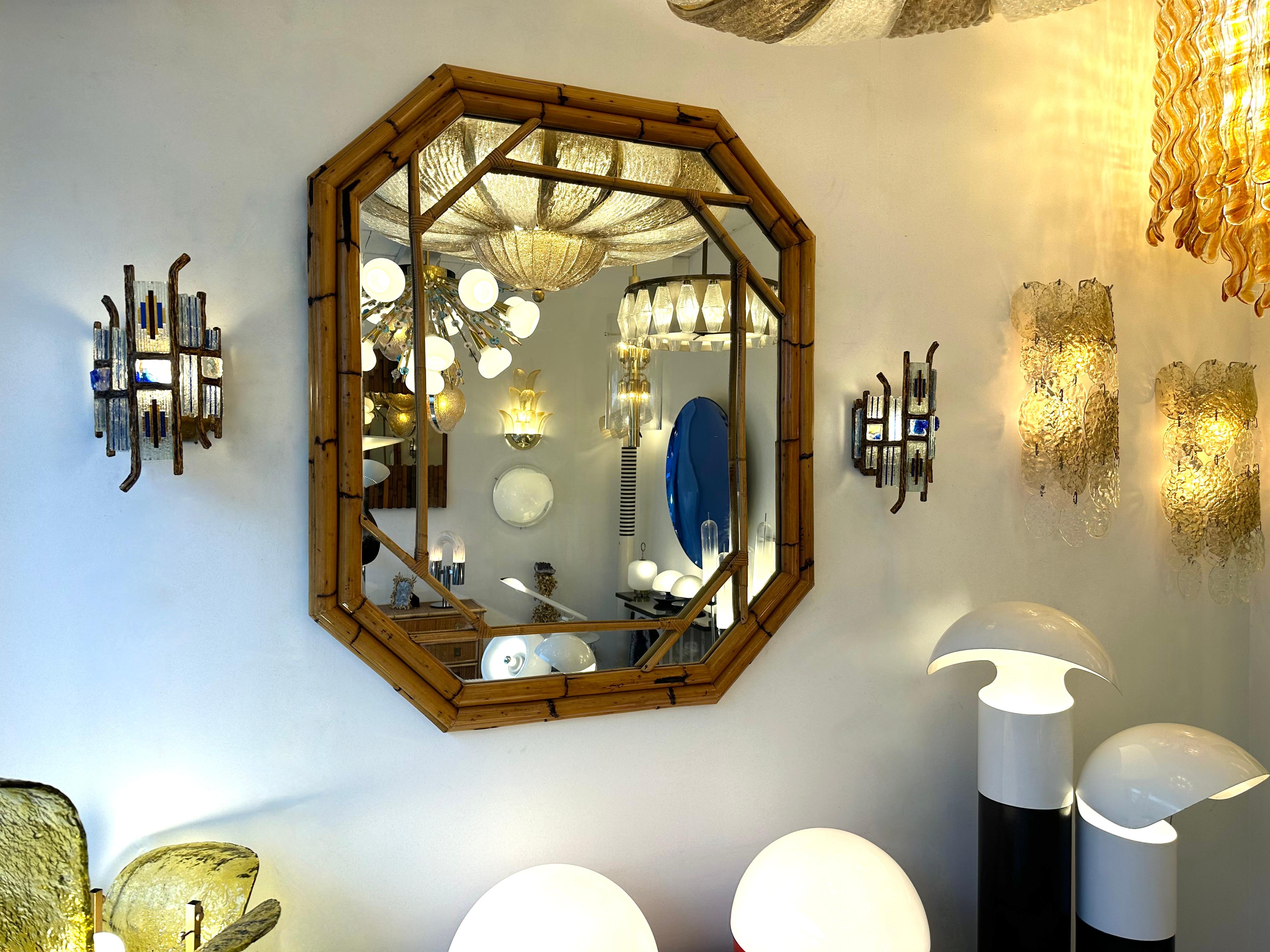 italien Miroir octogonal perlé en bambou de Vivai Del Sud. Italie, 1970 en vente