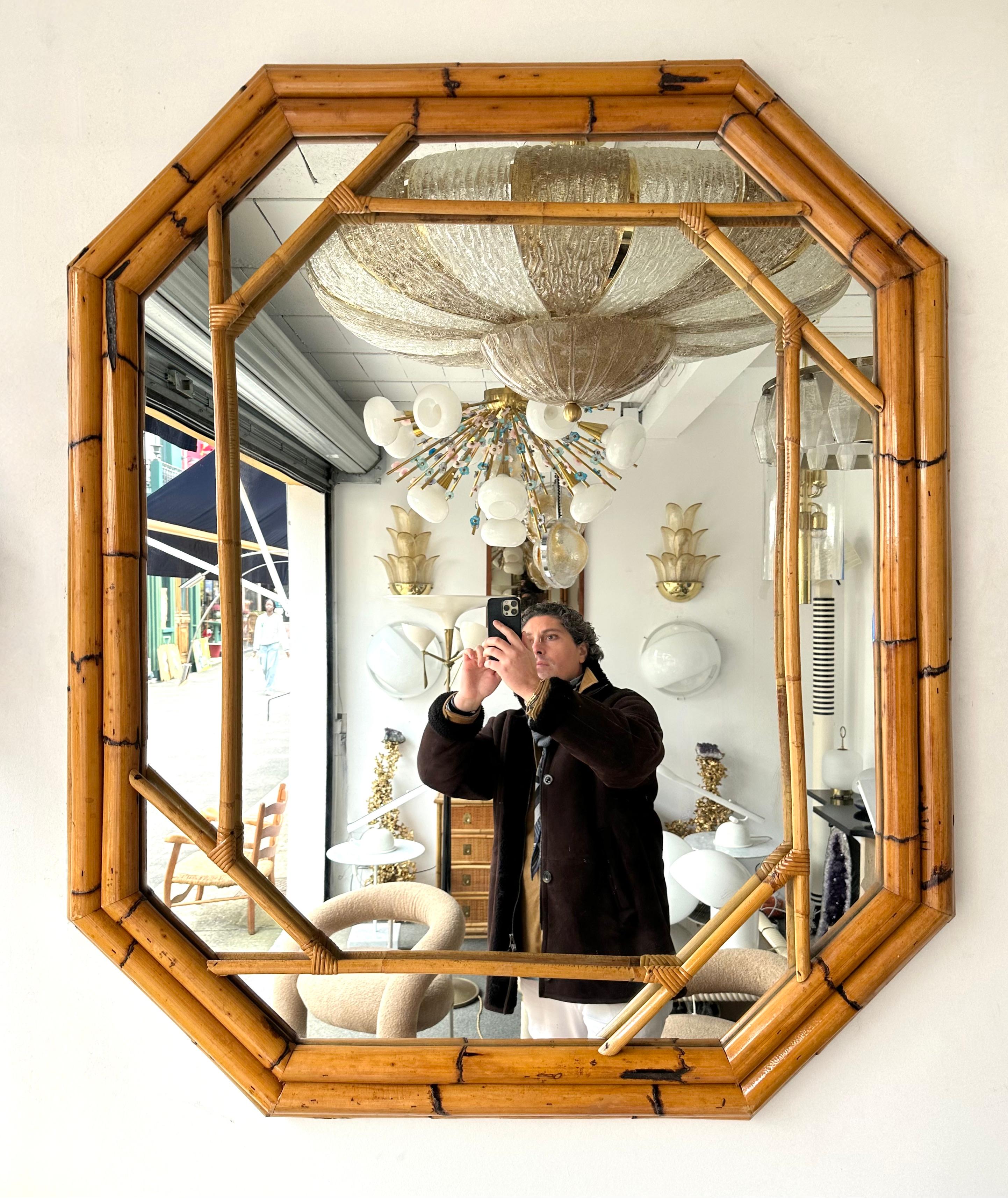 Miroir octogonal perlé en bambou de Vivai Del Sud. Italie, 1970 en vente 1