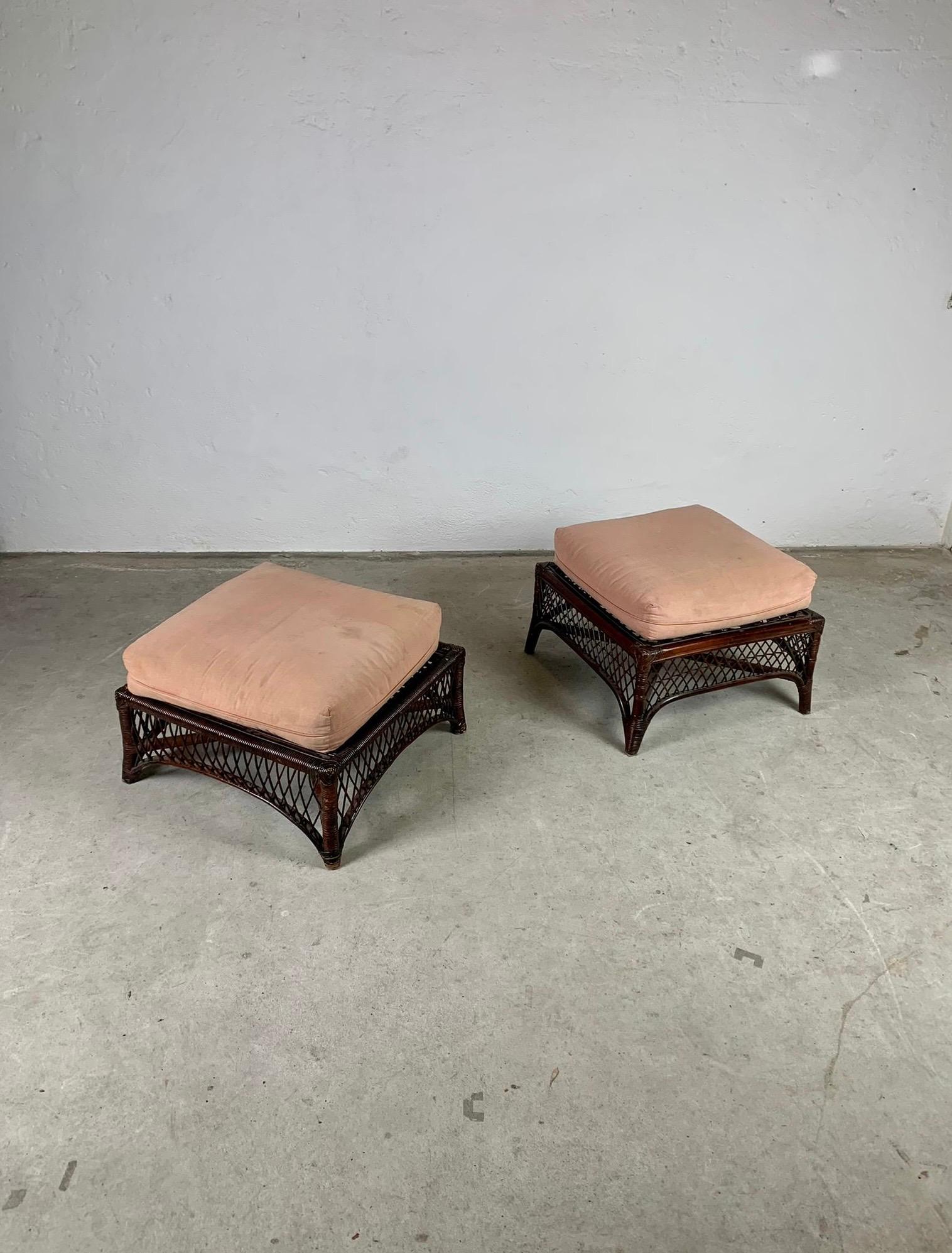 Bamboo ottomans with cushions, Italy, 1960s
Pair of bamboo ottomans of two different sizes, with cushions. 
Good condition,slight signs of wear and tear can be seen in the photo. 
The two ottomans have slightly different measurements: 68x 68x 35 h