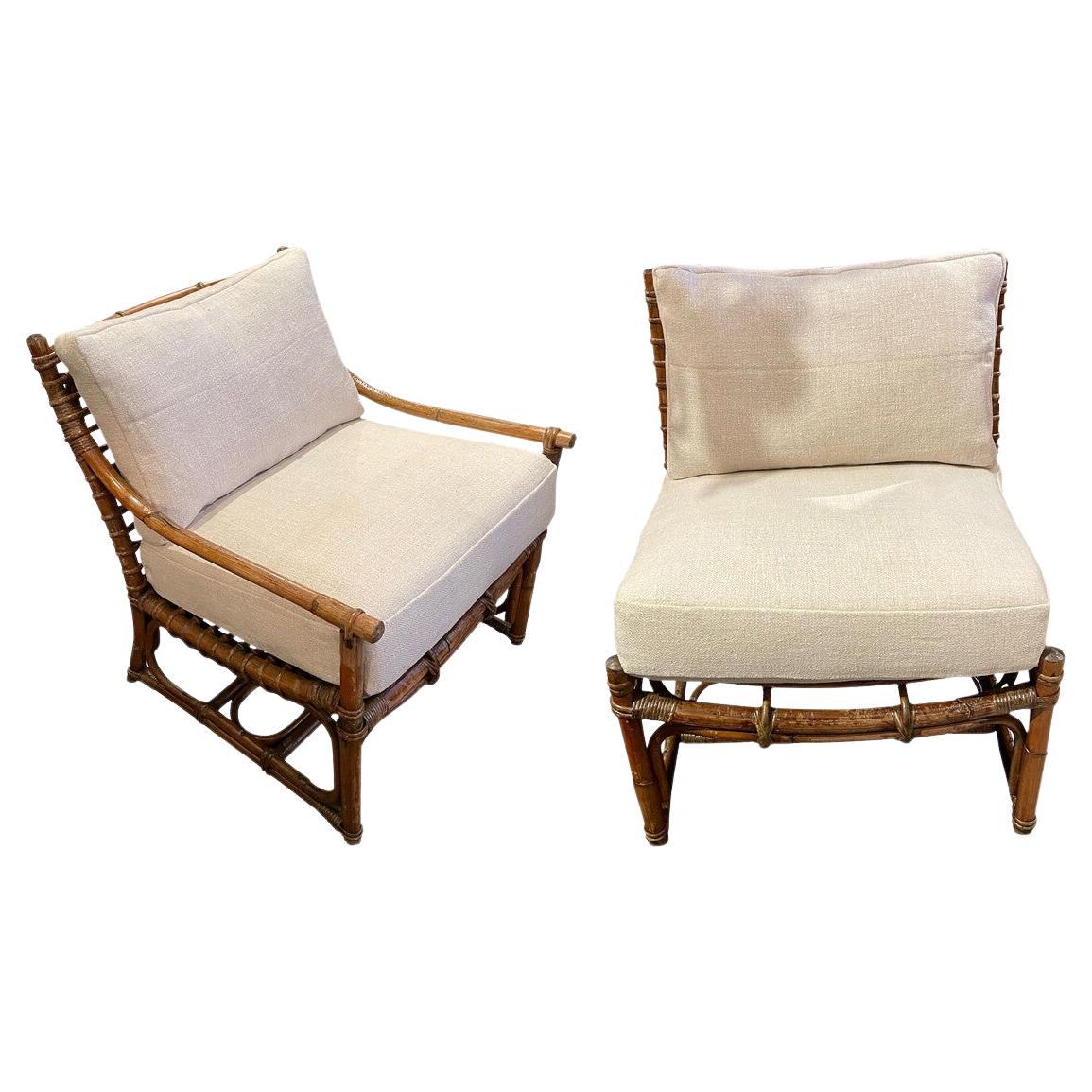 Rattan Pair His and Hers Chairs, Italy, Mid Century For Sale