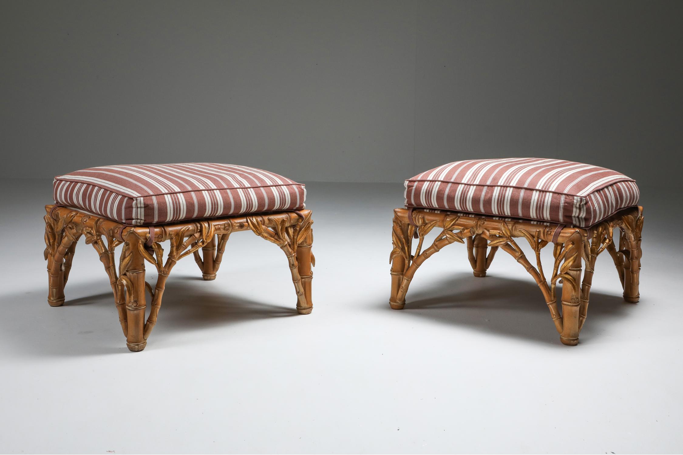 Faux bamboo ottoman in carved wood by Arpex, Italy, 1970s

Tropicalist Italian glam pair of ottoman in the manner of Vivai del Sud and Gabriella Crespi.
Fits well in a Hollywood Regency inspired eclectic decor.

