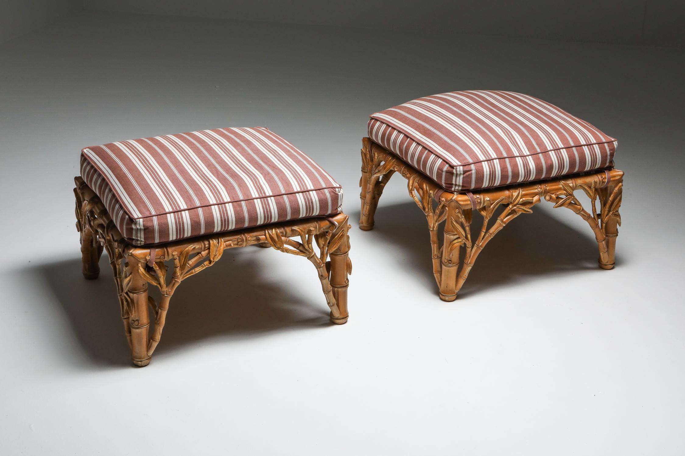 Hollywood Regency Bamboo Pair of Ottoman, Arpex, Italy, 1970s